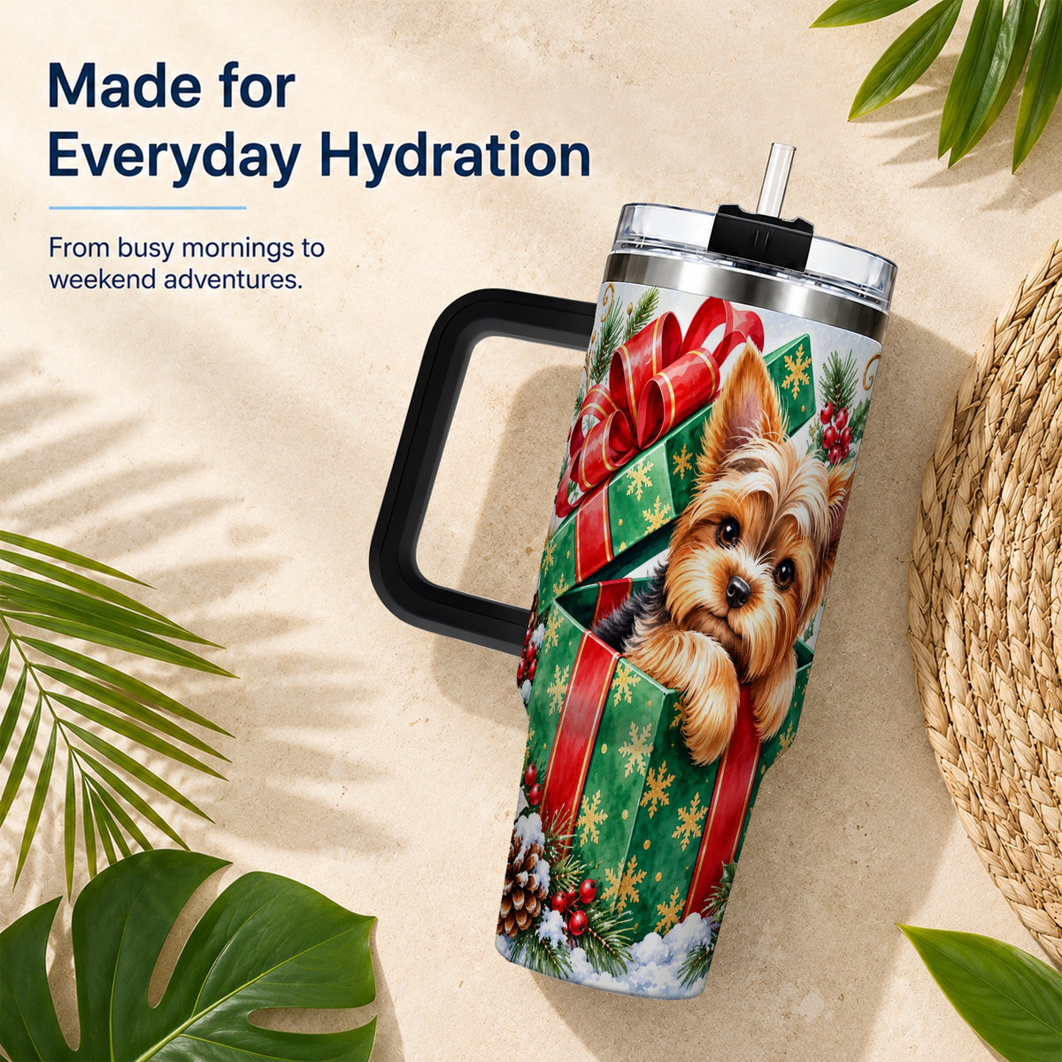#pl[40oz|Black] Yorkshire Terrier 40oz Tumbler with Handle, Christmas Dog Travel Cup