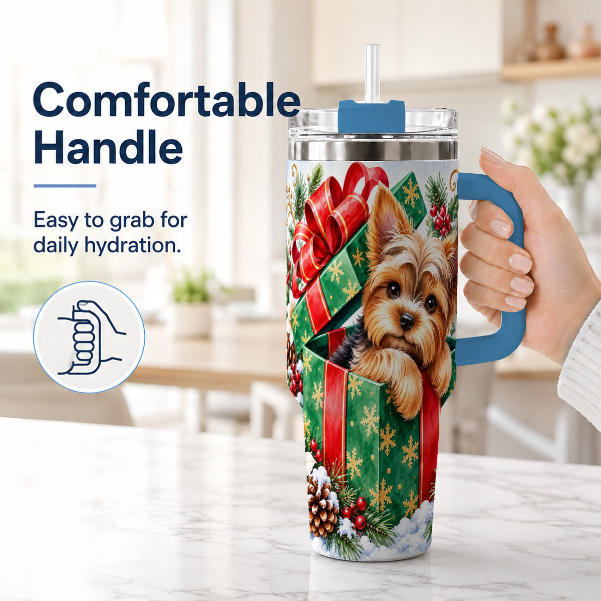 #pl[40oz|Blue] Yorkshire Terrier 40oz Tumbler with Handle, Christmas Dog Travel Cup