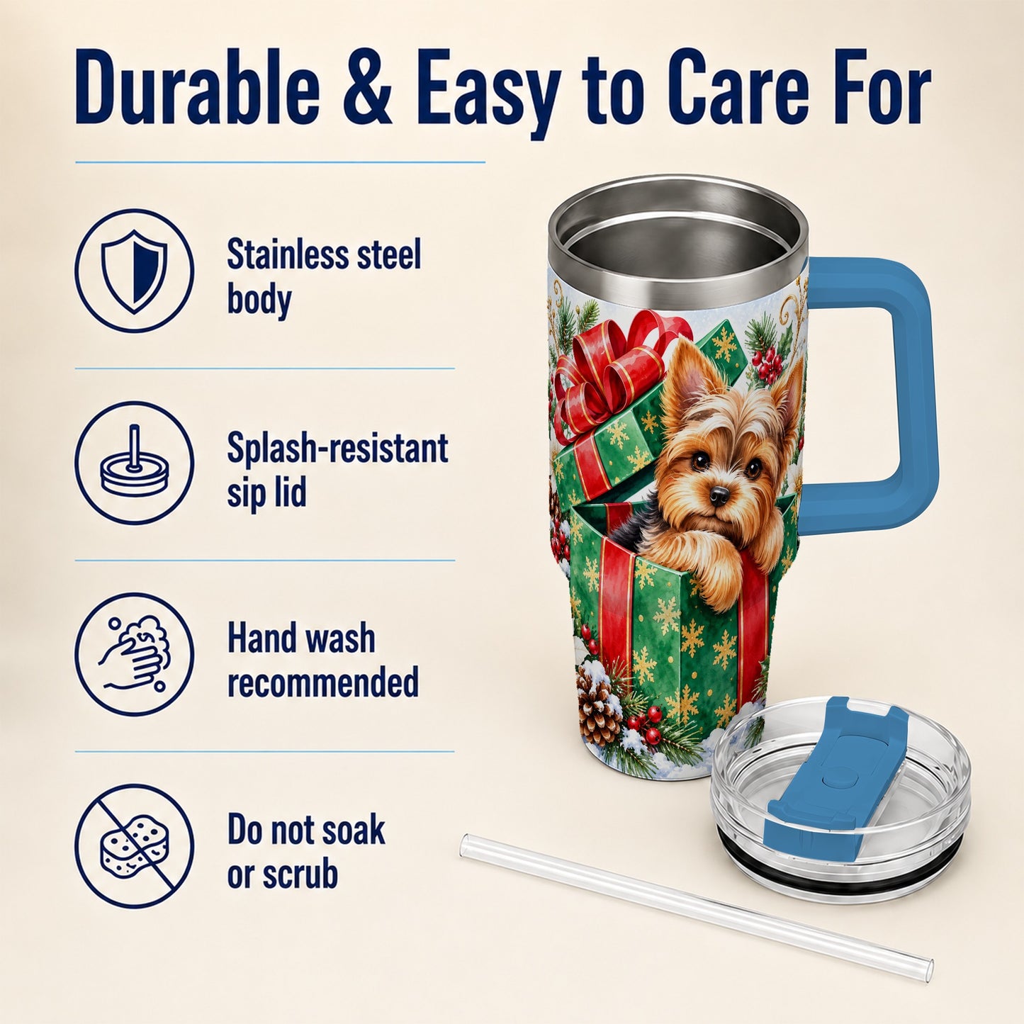 #pl[40oz|Blue] Yorkshire Terrier 40oz Tumbler with Handle, Christmas Dog Travel Cup