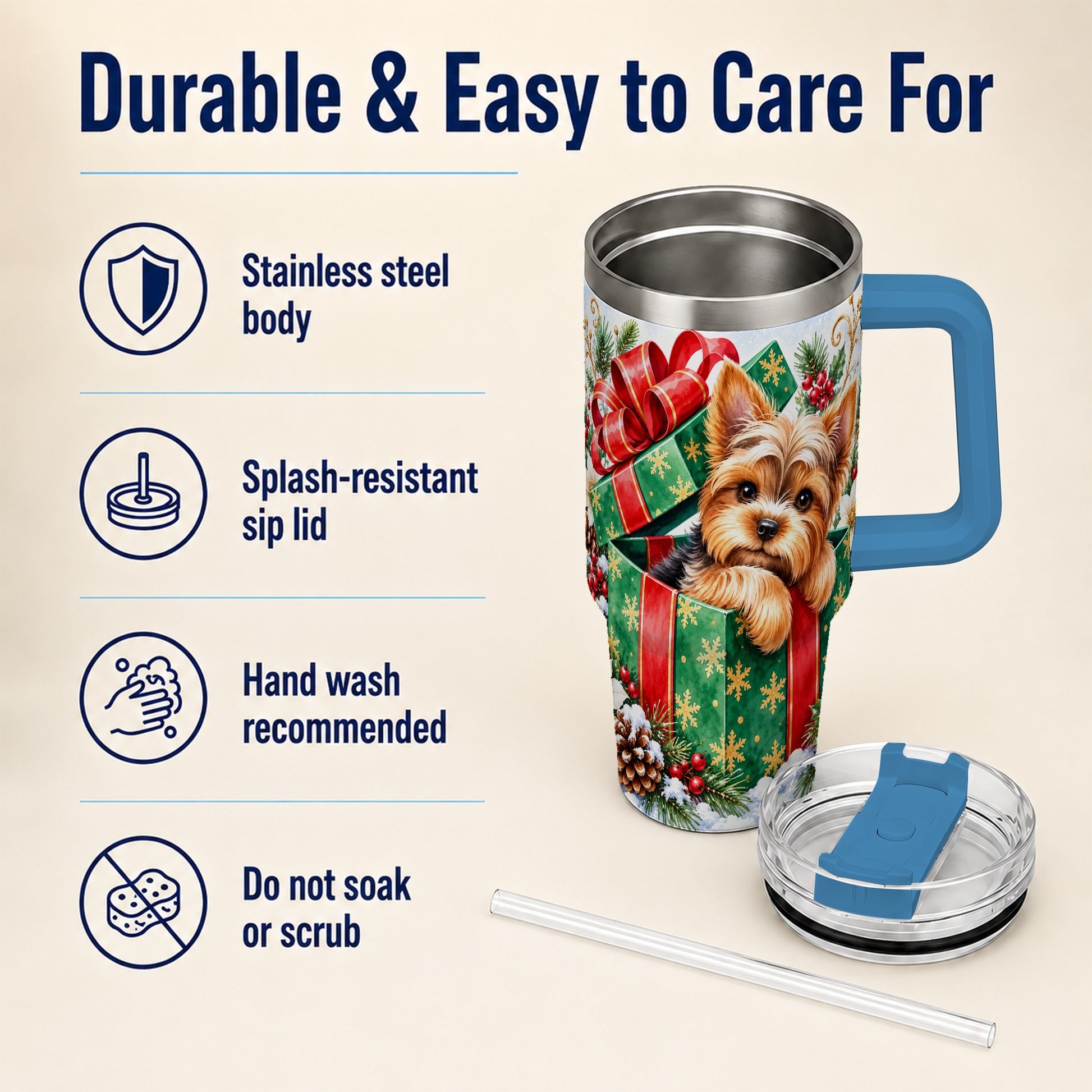 #pl[40oz|Blue] Yorkshire Terrier 40oz Tumbler with Handle, Christmas Dog Travel Cup