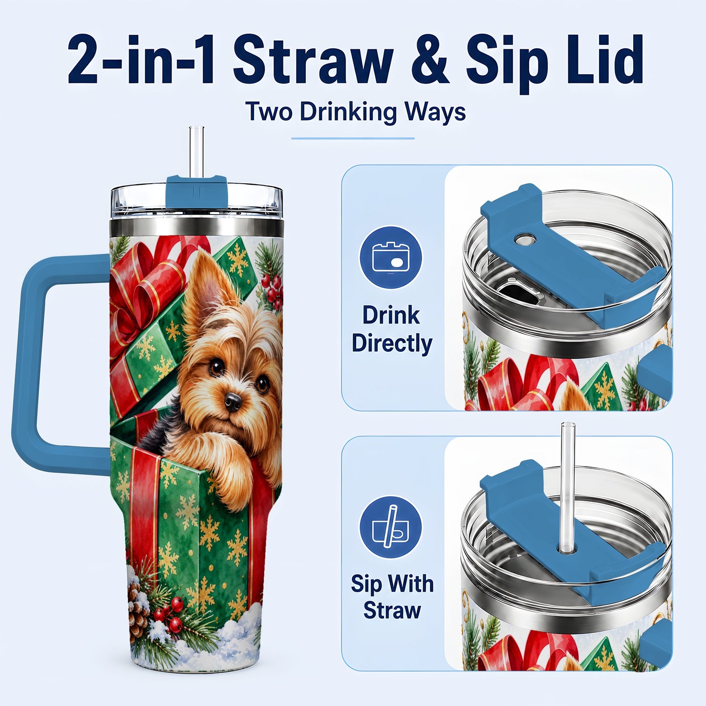#pl[40oz|Blue] Yorkshire Terrier 40oz Tumbler with Handle, Christmas Dog Travel Cup