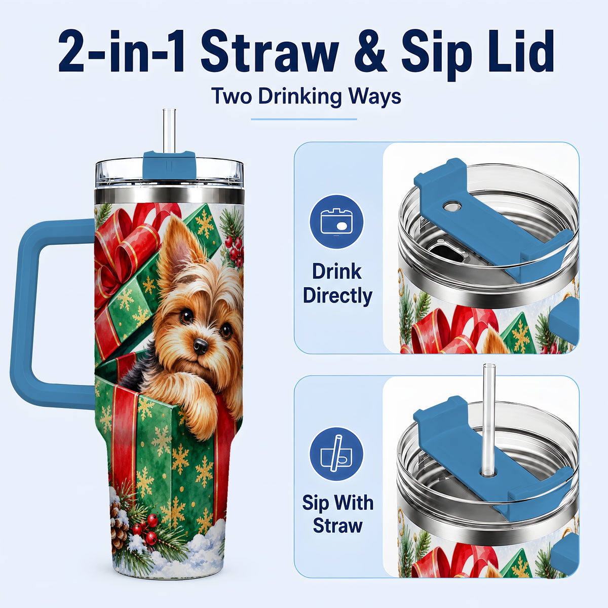#pl[40oz|Blue] Yorkshire Terrier 40oz Tumbler with Handle, Christmas Dog Travel Cup