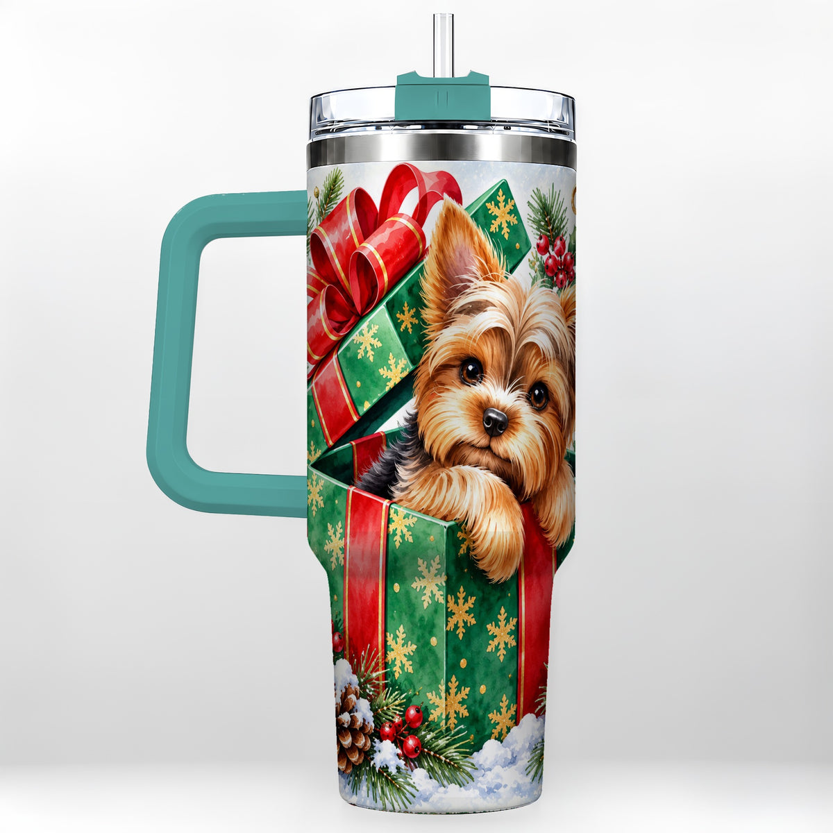 #pl[40oz|Green] Yorkshire Terrier 40oz Tumbler with Handle, Christmas Dog Travel Cup