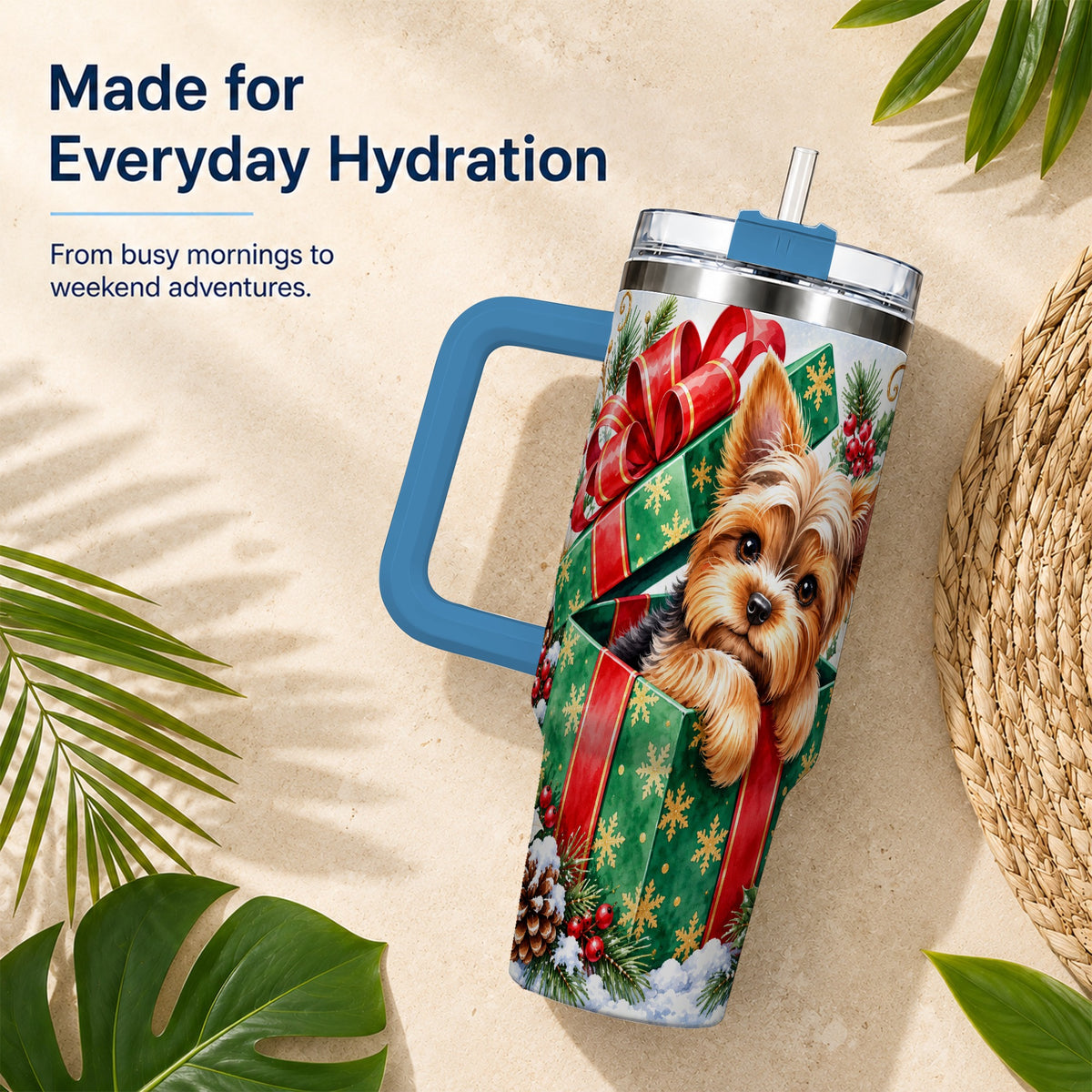 #pl[40oz|Blue] Yorkshire Terrier 40oz Tumbler with Handle, Christmas Dog Travel Cup