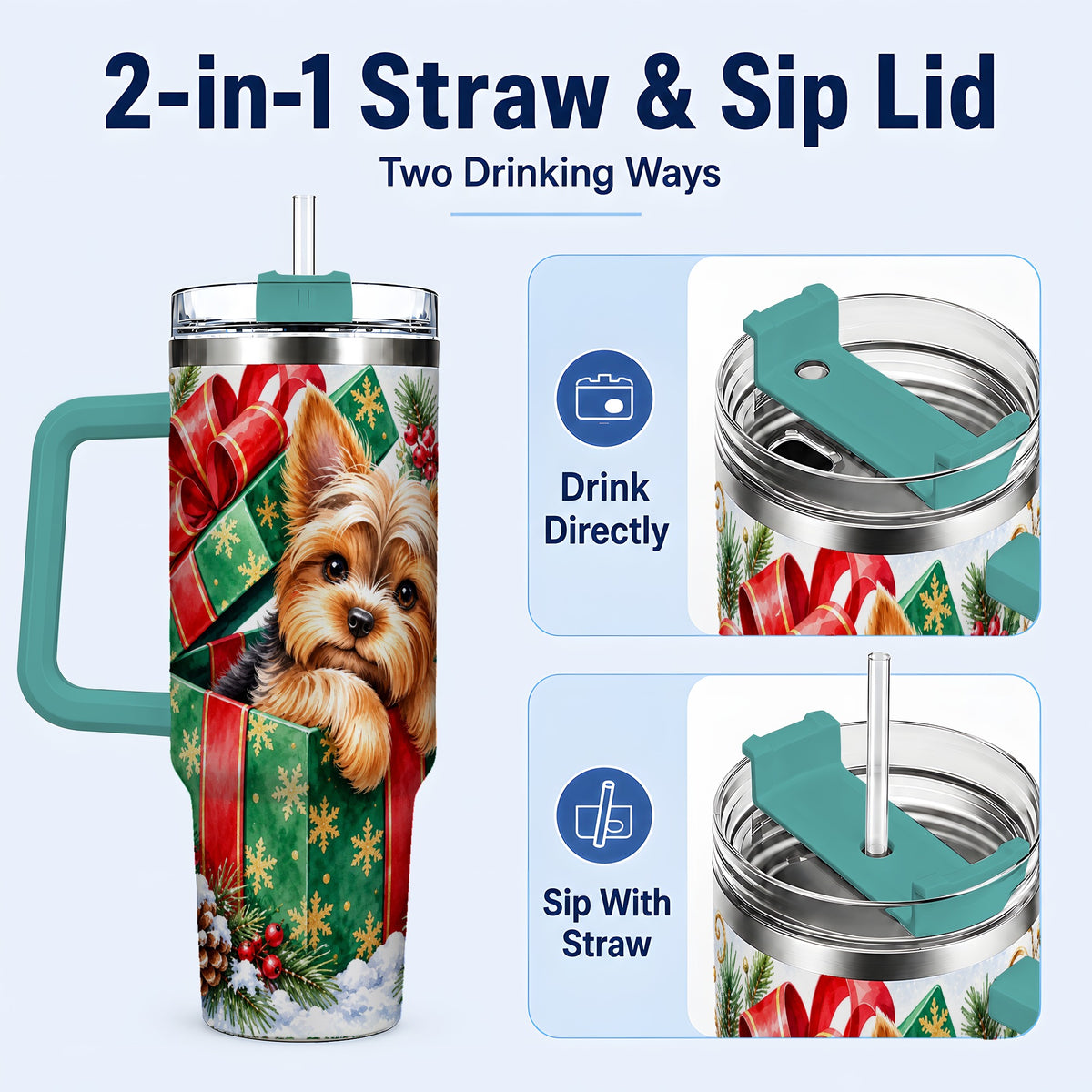 #pl[40oz|Green] Yorkshire Terrier 40oz Tumbler with Handle, Christmas Dog Travel Cup