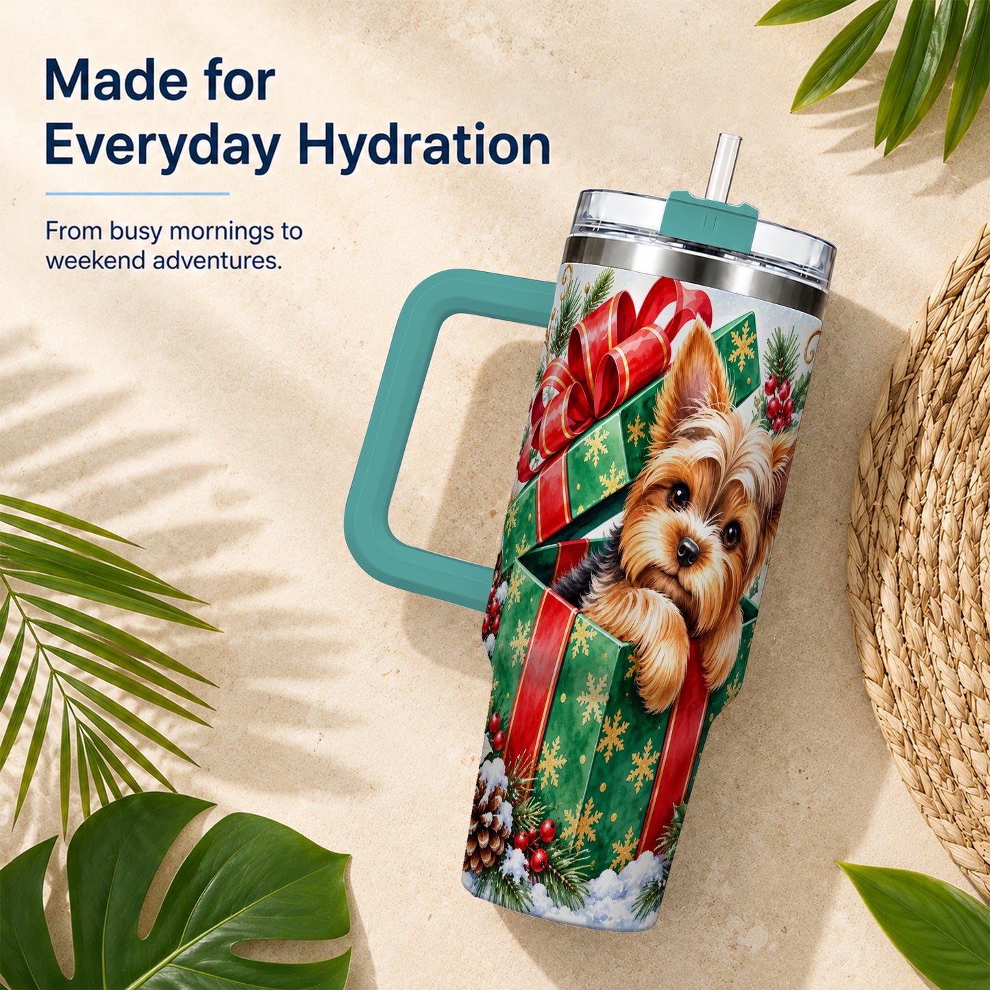 #pl[40oz|Green] Yorkshire Terrier 40oz Tumbler with Handle, Christmas Dog Travel Cup