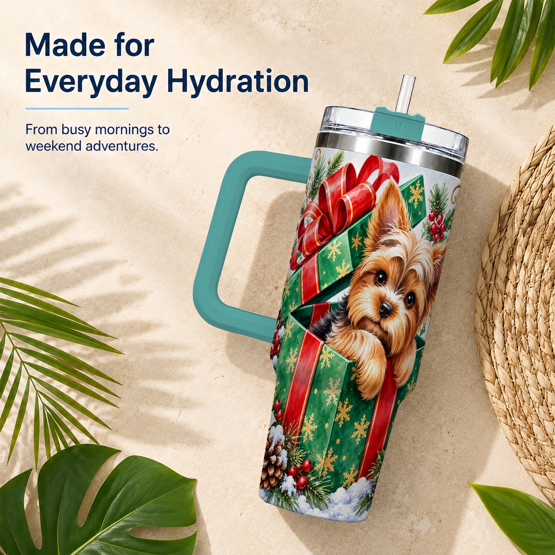 #pl[40oz|Green] Yorkshire Terrier 40oz Tumbler with Handle, Christmas Dog Travel Cup