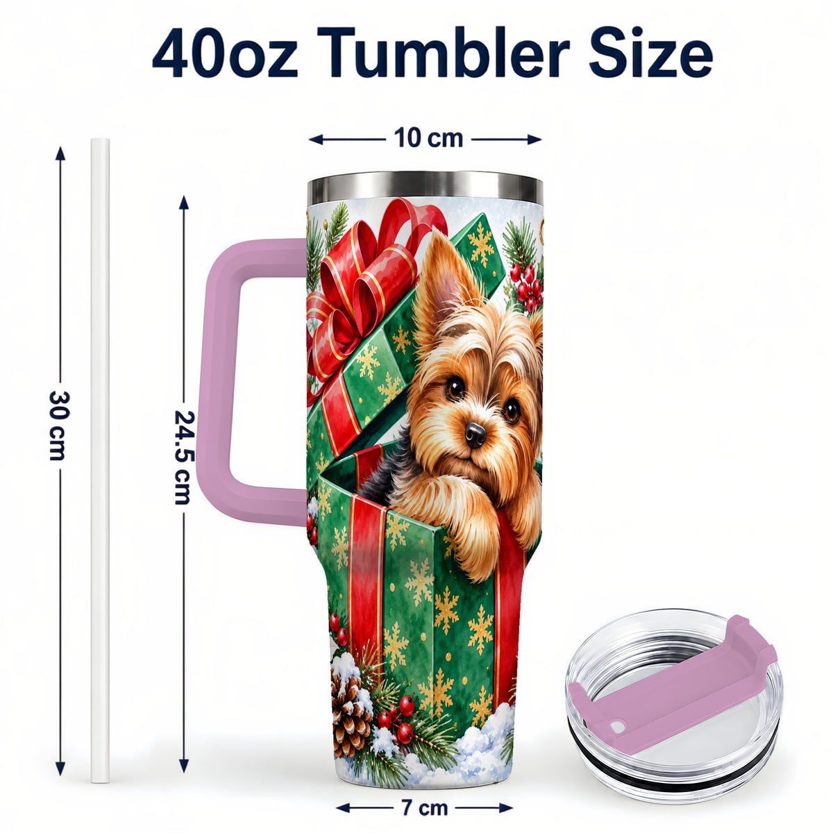 #pl[40oz|Pink] Yorkshire Terrier 40oz Tumbler with Handle, Christmas Dog Travel Cup