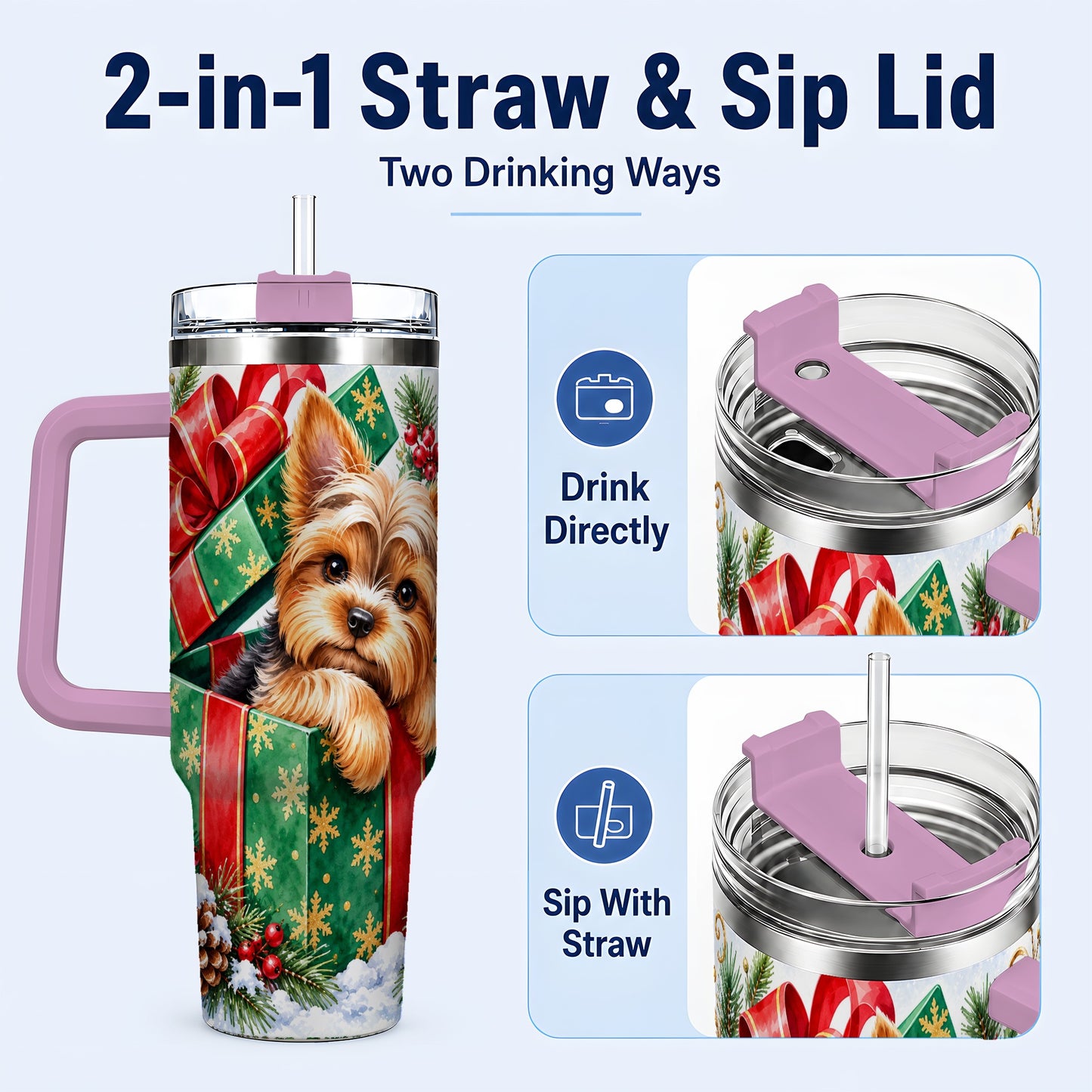 #pl[40oz|Pink] Yorkshire Terrier 40oz Tumbler with Handle, Christmas Dog Travel Cup