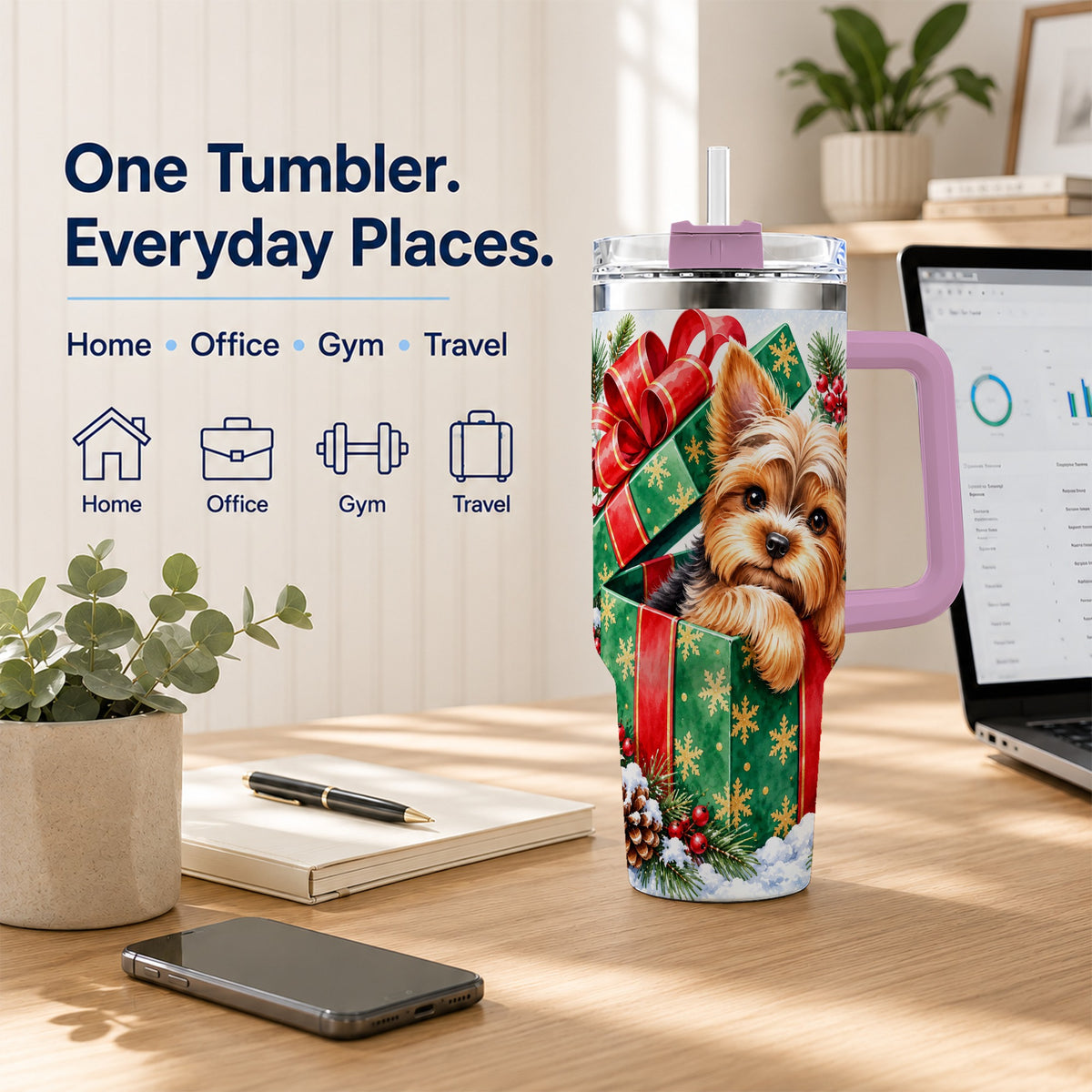 #pl[40oz|Pink] Yorkshire Terrier 40oz Tumbler with Handle, Christmas Dog Travel Cup