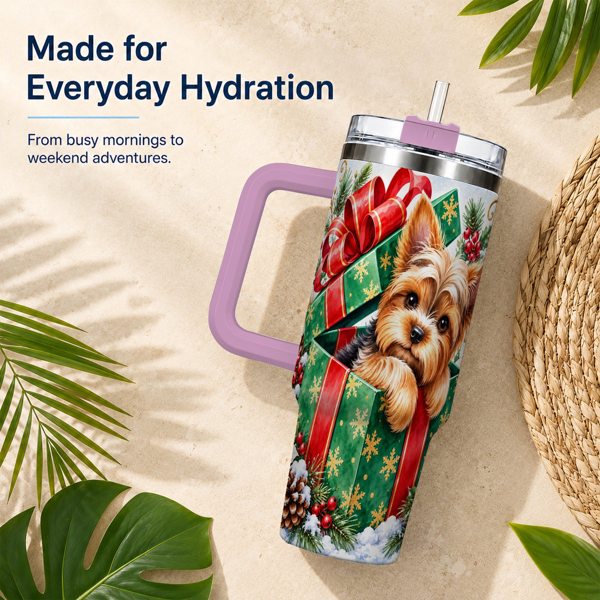 #pl[40oz|Pink] Yorkshire Terrier 40oz Tumbler with Handle, Christmas Dog Travel Cup