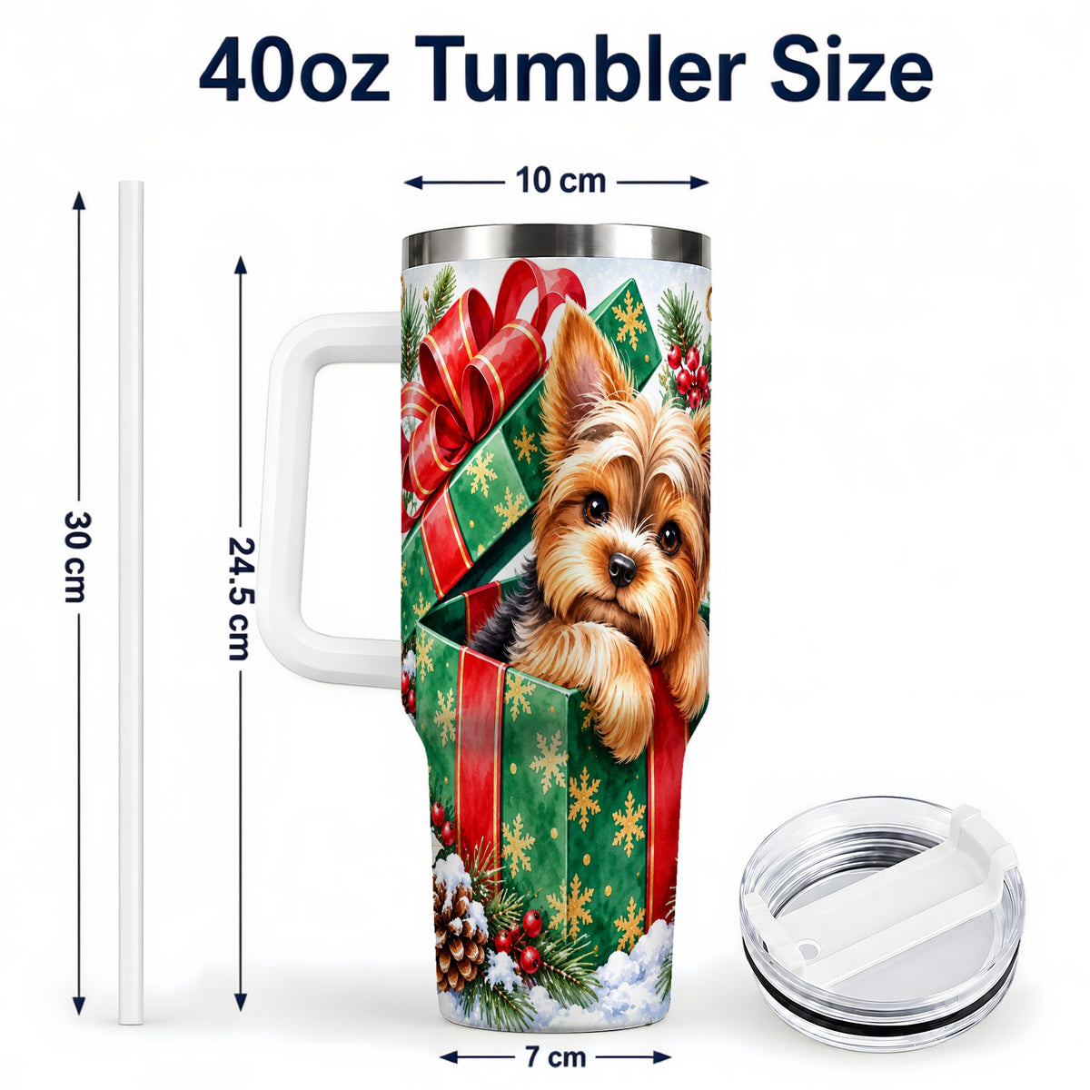 #pl[40oz|White] Yorkshire Terrier 40oz Tumbler with Handle, Christmas Dog Travel Cup