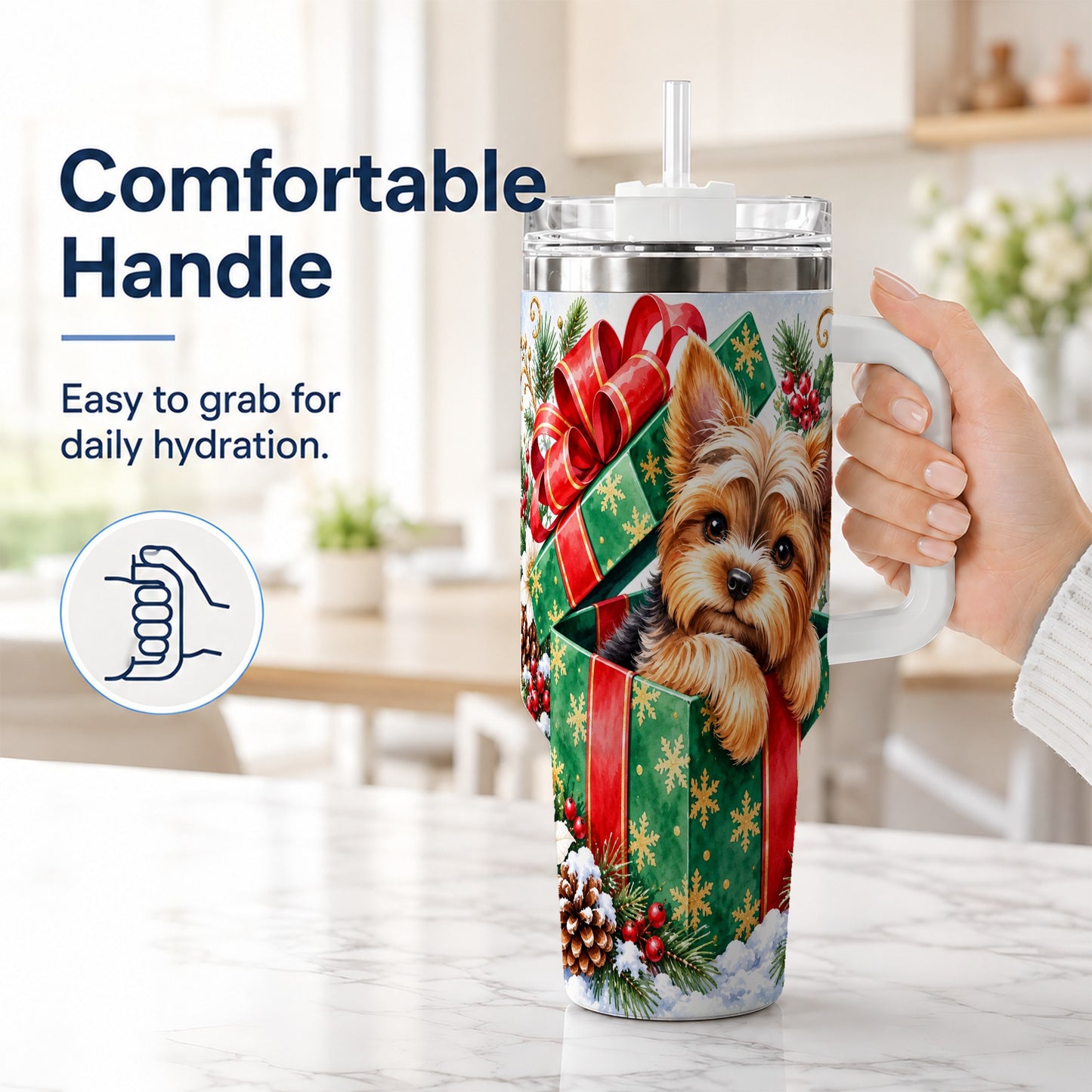 #pl[40oz|White] Yorkshire Terrier 40oz Tumbler with Handle, Christmas Dog Travel Cup