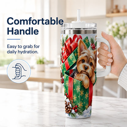 #pl[40oz|White] Yorkshire Terrier 40oz Tumbler with Handle, Christmas Dog Travel Cup