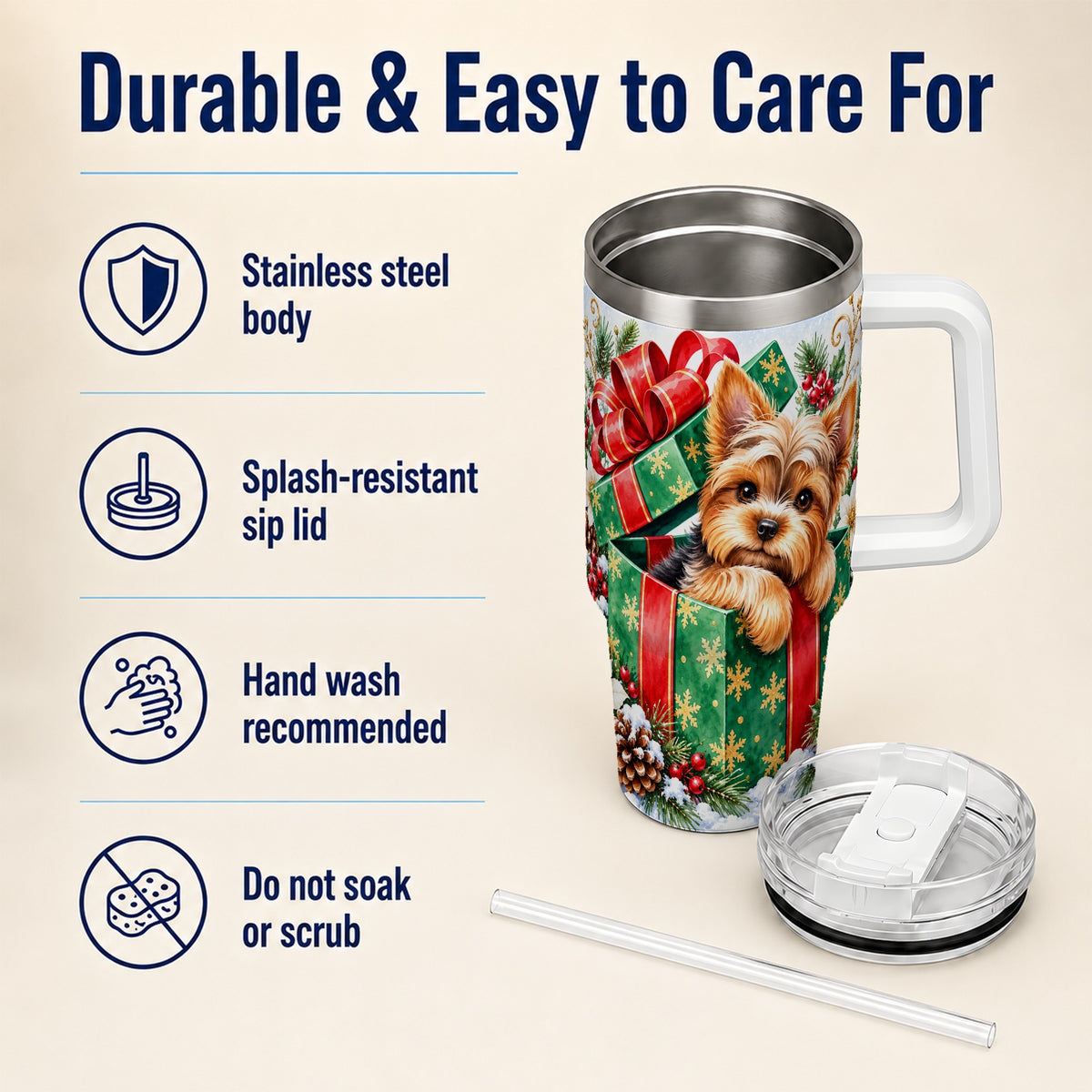 #pl[40oz|White] Yorkshire Terrier 40oz Tumbler with Handle, Christmas Dog Travel Cup