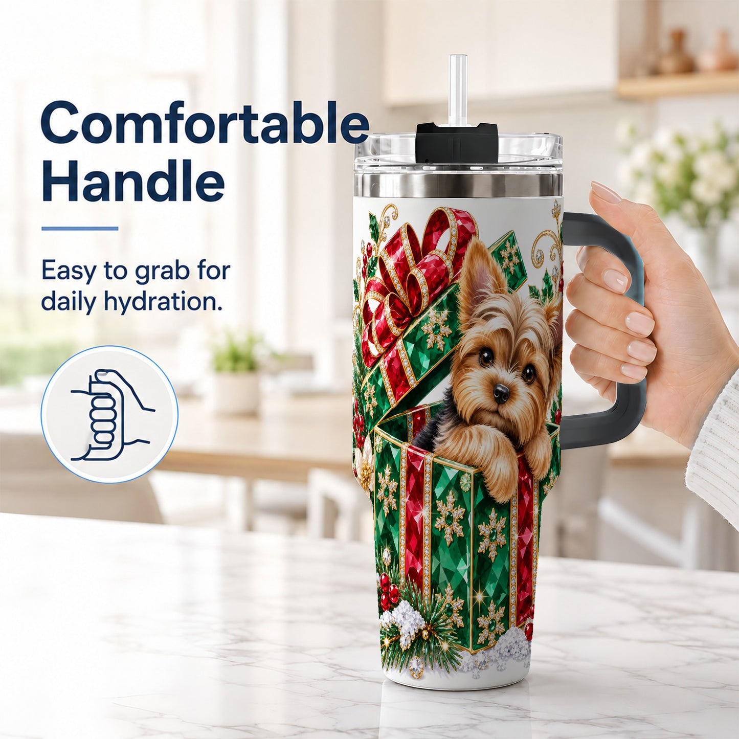 #pl[40oz|Black] Gemstone Style Terrier 40oz Tumbler with Handle, Christmas Dog Travel Cup