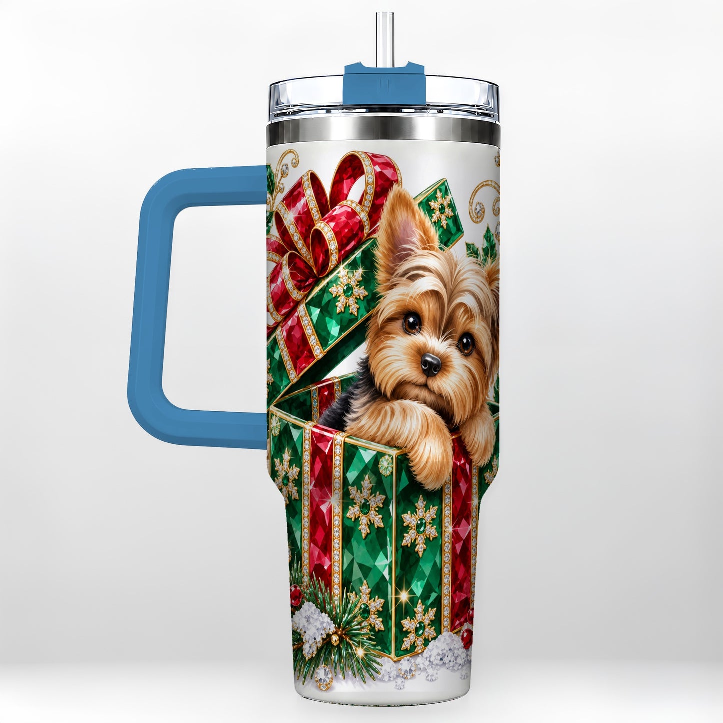 #pl[40oz|Blue] Gemstone Style Terrier 40oz Tumbler with Handle, Christmas Dog Travel Cup