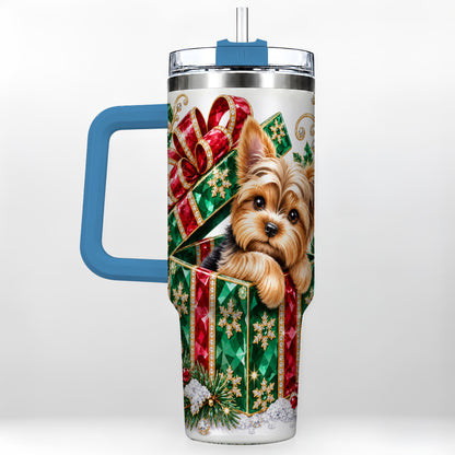 #pl[40oz|Blue] Gemstone Style Terrier 40oz Tumbler with Handle, Christmas Dog Travel Cup
