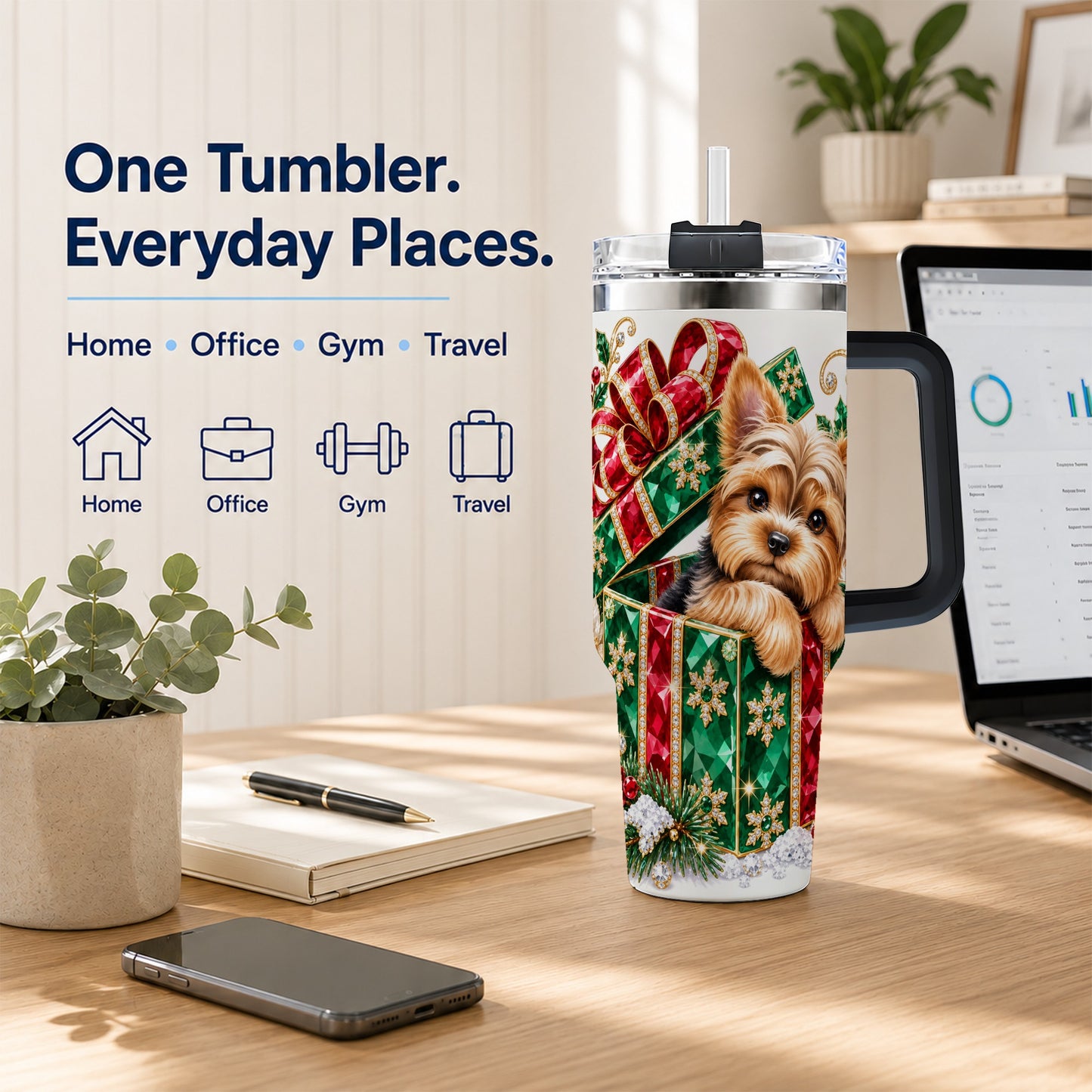 #pl[40oz|Black] Gemstone Style Terrier 40oz Tumbler with Handle, Christmas Dog Travel Cup