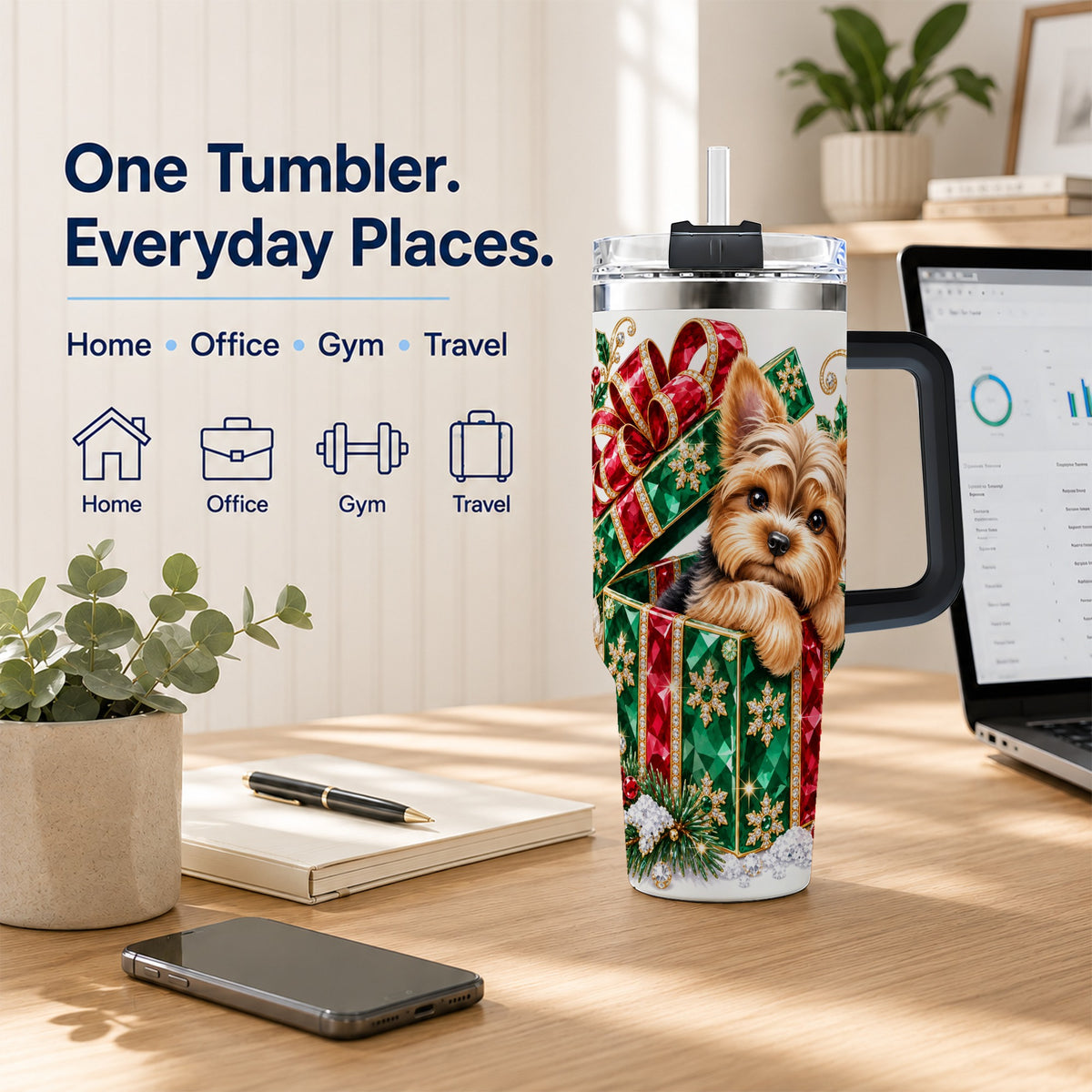 #pl[40oz|Black] Gemstone Style Terrier 40oz Tumbler with Handle, Christmas Dog Travel Cup