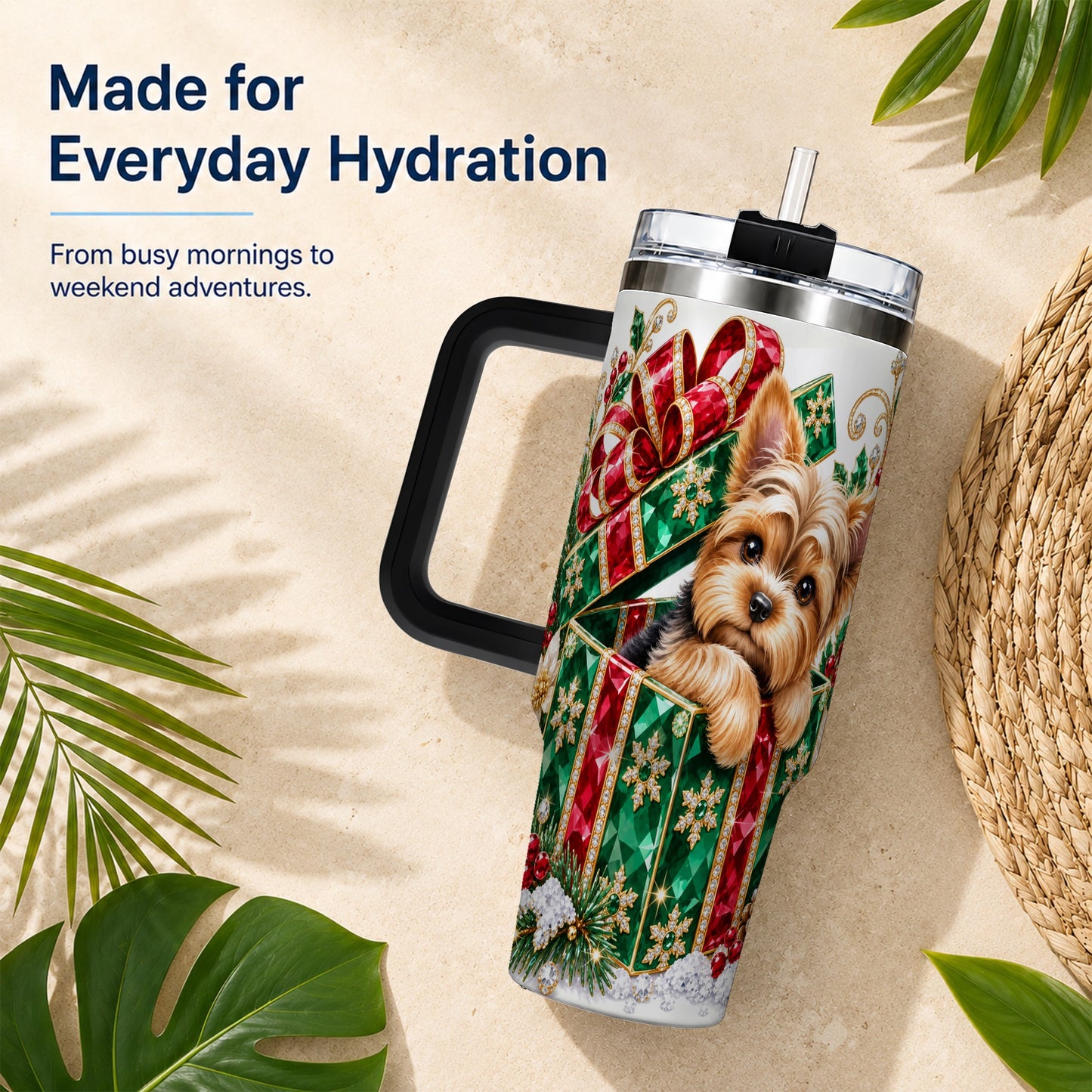 #pl[40oz|Black] Gemstone Style Terrier 40oz Tumbler with Handle, Christmas Dog Travel Cup