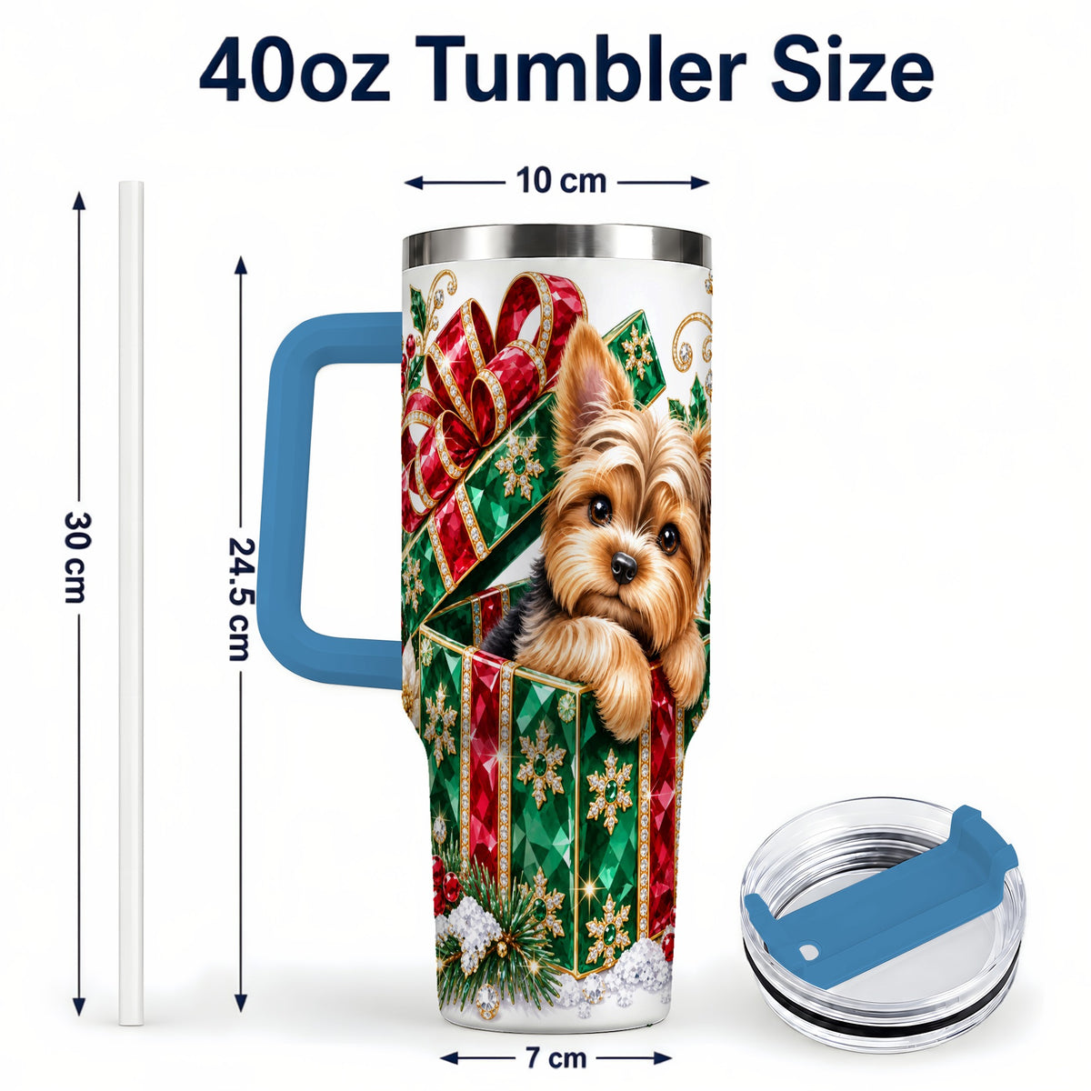 #pl[40oz|Blue] Gemstone Style Terrier 40oz Tumbler with Handle, Christmas Dog Travel Cup