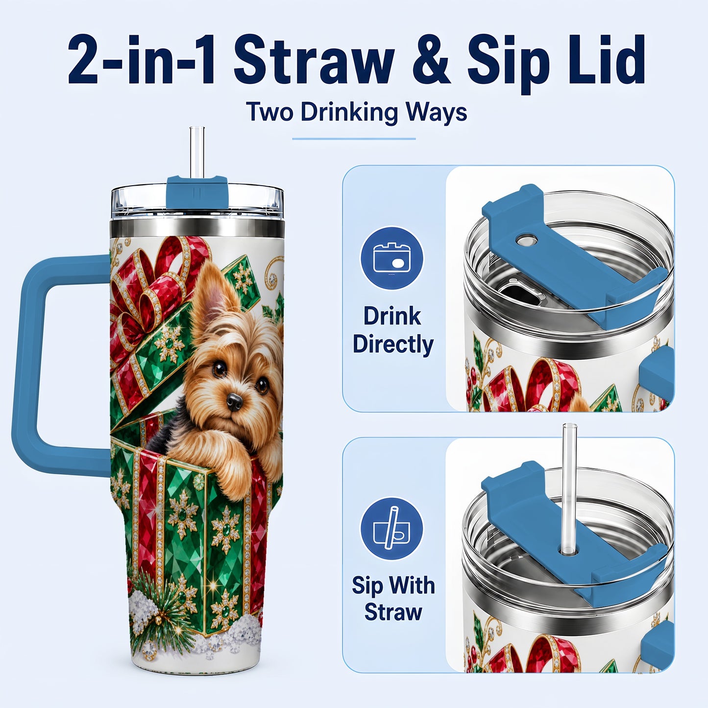 #pl[40oz|Blue] Gemstone Style Terrier 40oz Tumbler with Handle, Christmas Dog Travel Cup