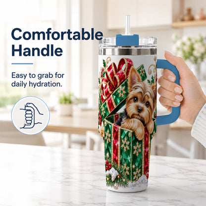 #pl[40oz|Blue] Gemstone Style Terrier 40oz Tumbler with Handle, Christmas Dog Travel Cup