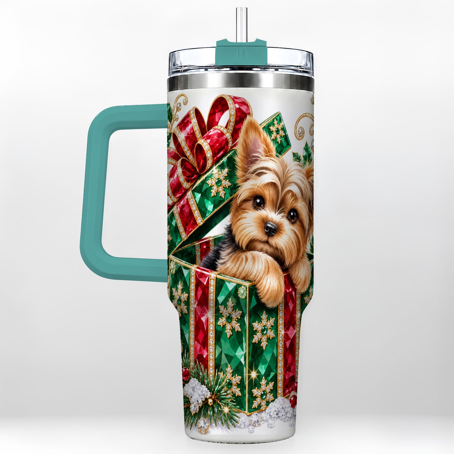 #pl[40oz|Green] Gemstone Style Terrier 40oz Tumbler with Handle, Christmas Dog Travel Cup