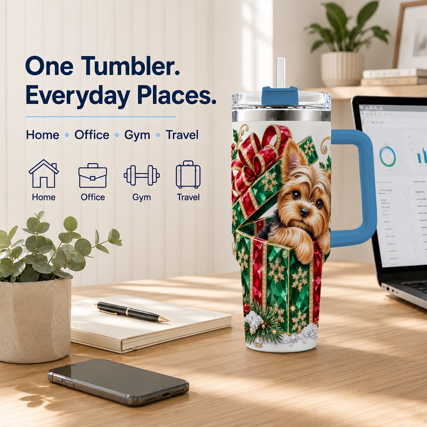 #pl[40oz|Blue] Gemstone Style Terrier 40oz Tumbler with Handle, Christmas Dog Travel Cup