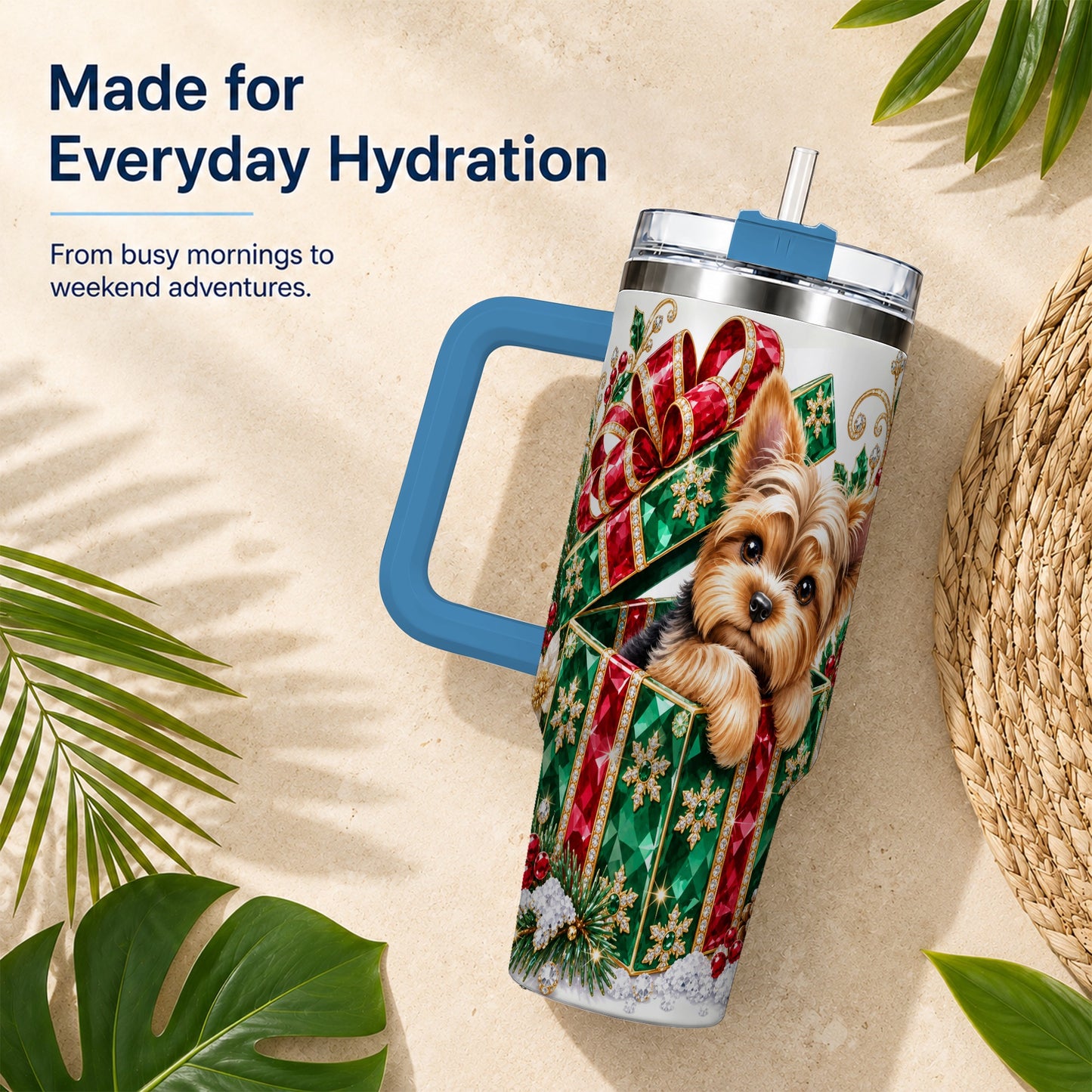 #pl[40oz|Blue] Gemstone Style Terrier 40oz Tumbler with Handle, Christmas Dog Travel Cup