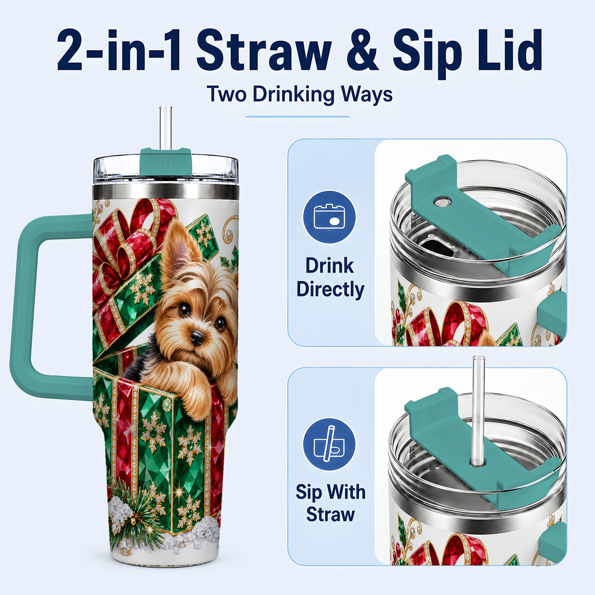 #pl[40oz|Green] Gemstone Style Terrier 40oz Tumbler with Handle, Christmas Dog Travel Cup