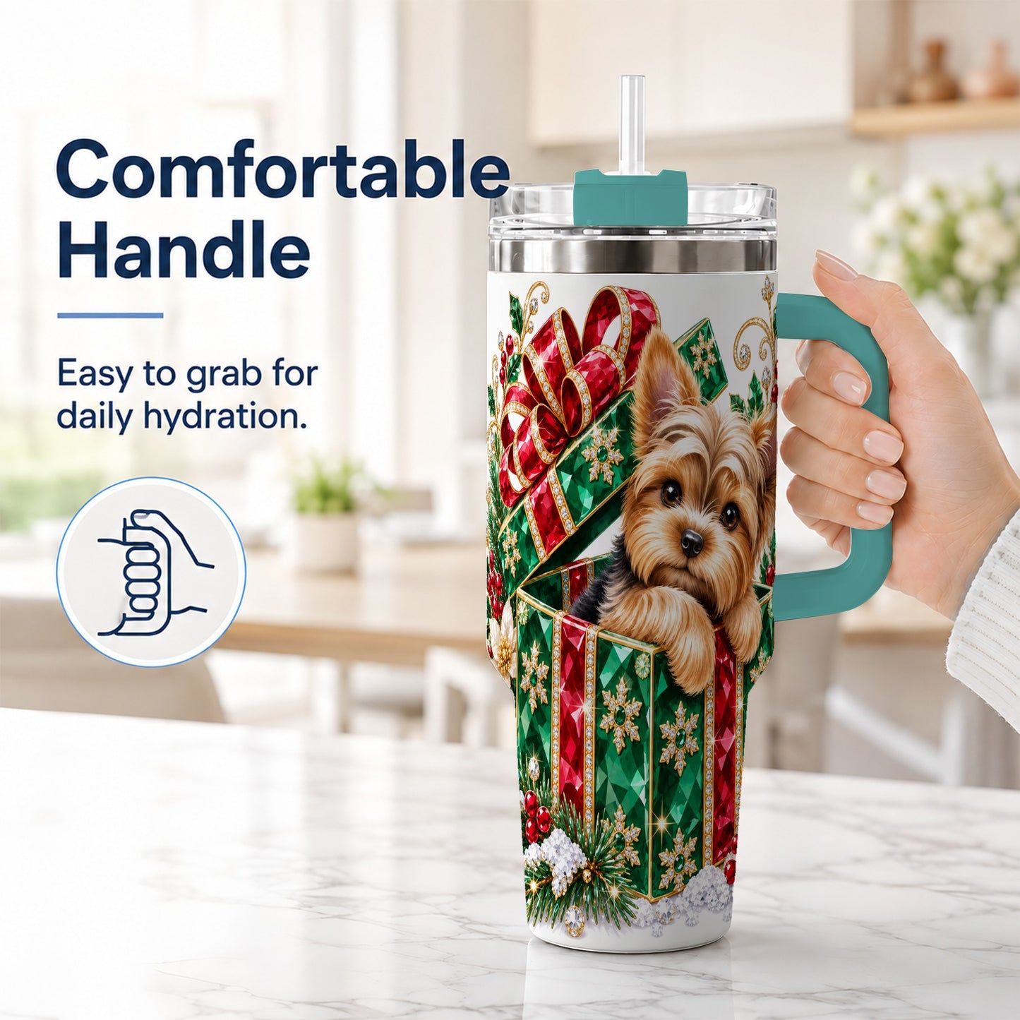 #pl[40oz|Green] Gemstone Style Terrier 40oz Tumbler with Handle, Christmas Dog Travel Cup
