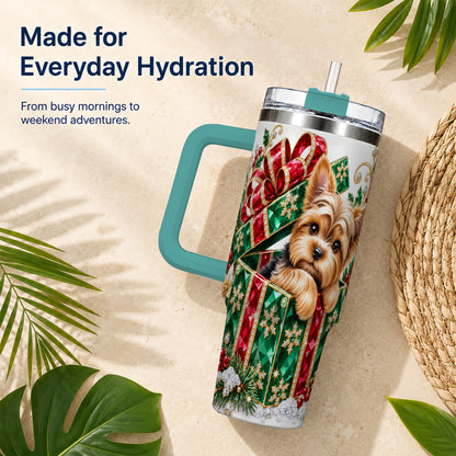 #pl[40oz|Green] Gemstone Style Terrier 40oz Tumbler with Handle, Christmas Dog Travel Cup