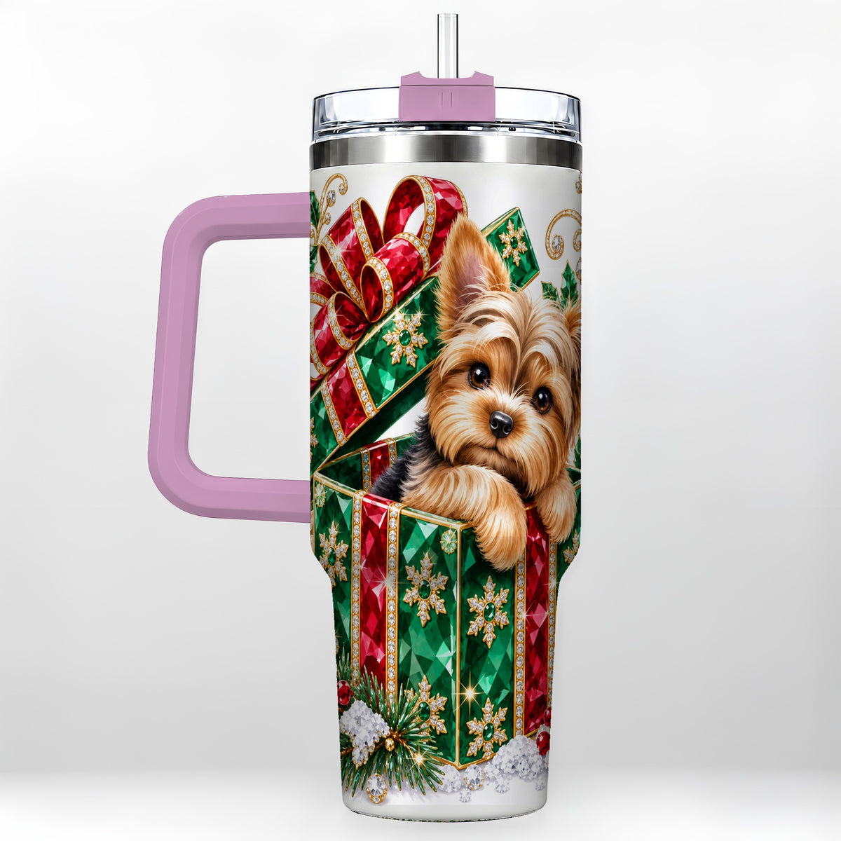 #pl[40oz|Pink] Gemstone Style Terrier 40oz Tumbler with Handle, Christmas Dog Travel Cup