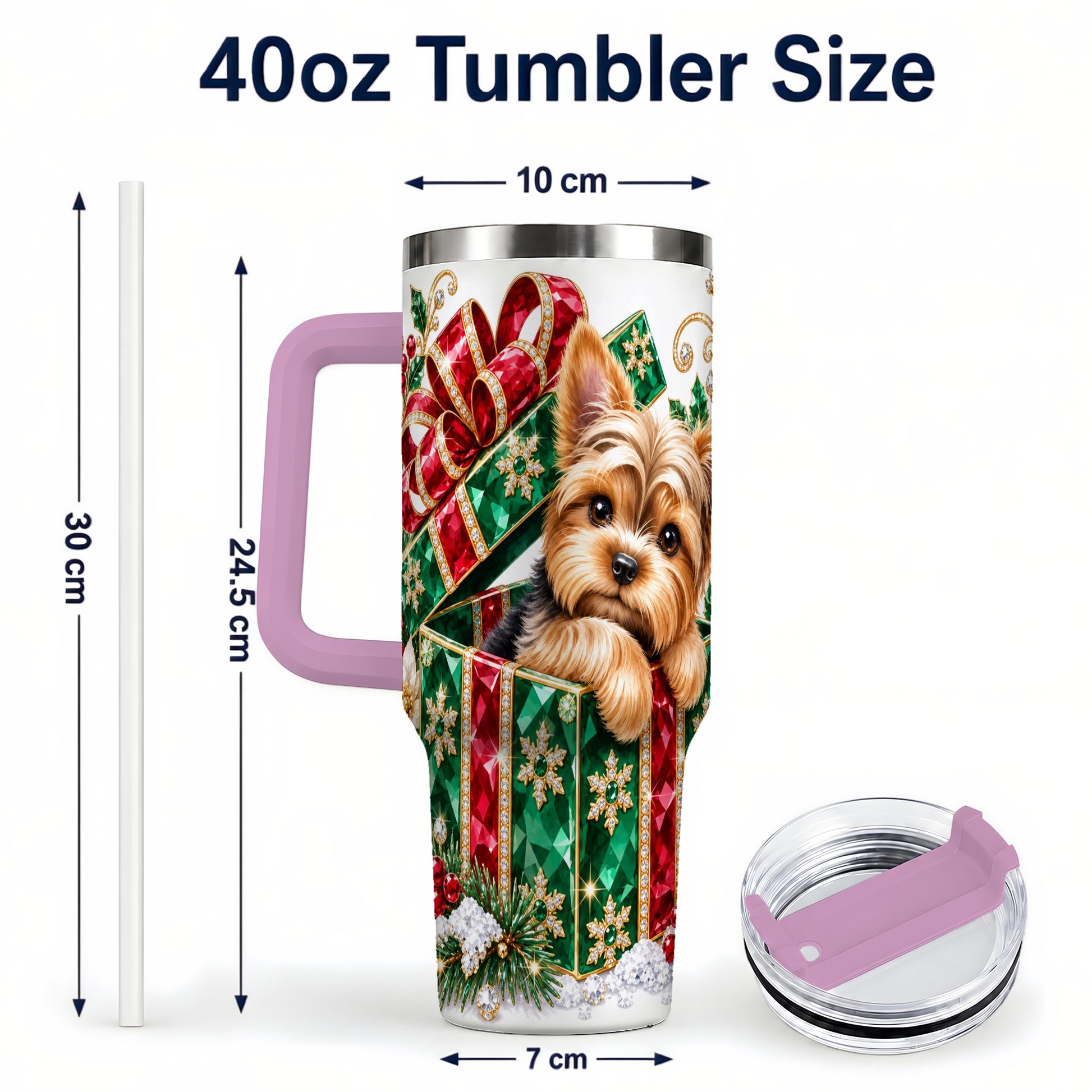 #pl[40oz|Pink] Gemstone Style Terrier 40oz Tumbler with Handle, Christmas Dog Travel Cup
