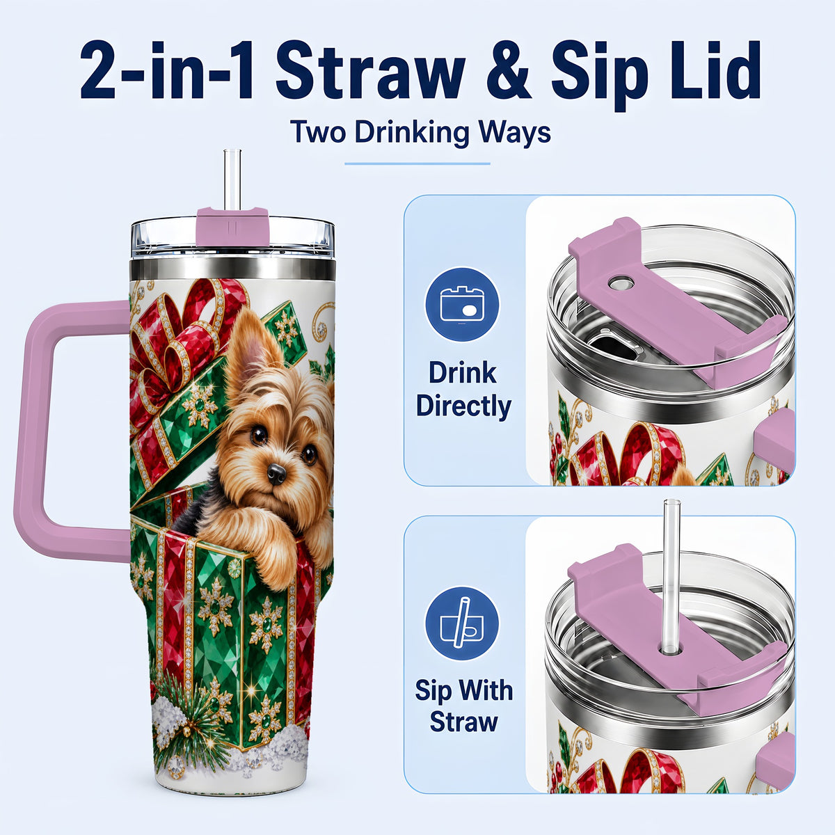 #pl[40oz|Pink] Gemstone Style Terrier 40oz Tumbler with Handle, Christmas Dog Travel Cup