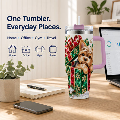 #pl[40oz|Pink] Gemstone Style Terrier 40oz Tumbler with Handle, Christmas Dog Travel Cup