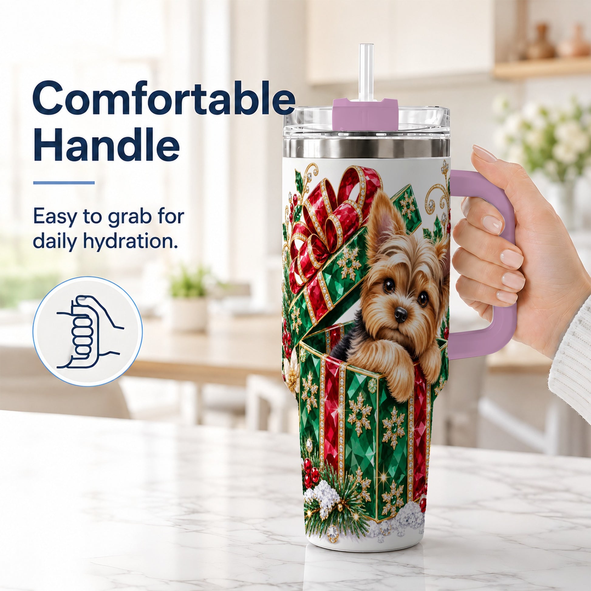 #pl[40oz|Pink] Gemstone Style Terrier 40oz Tumbler with Handle, Christmas Dog Travel Cup