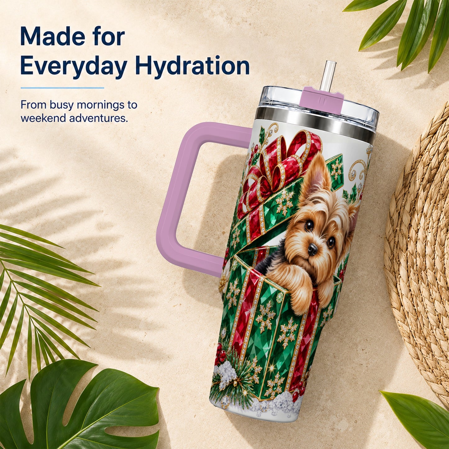 #pl[40oz|Pink] Gemstone Style Terrier 40oz Tumbler with Handle, Christmas Dog Travel Cup