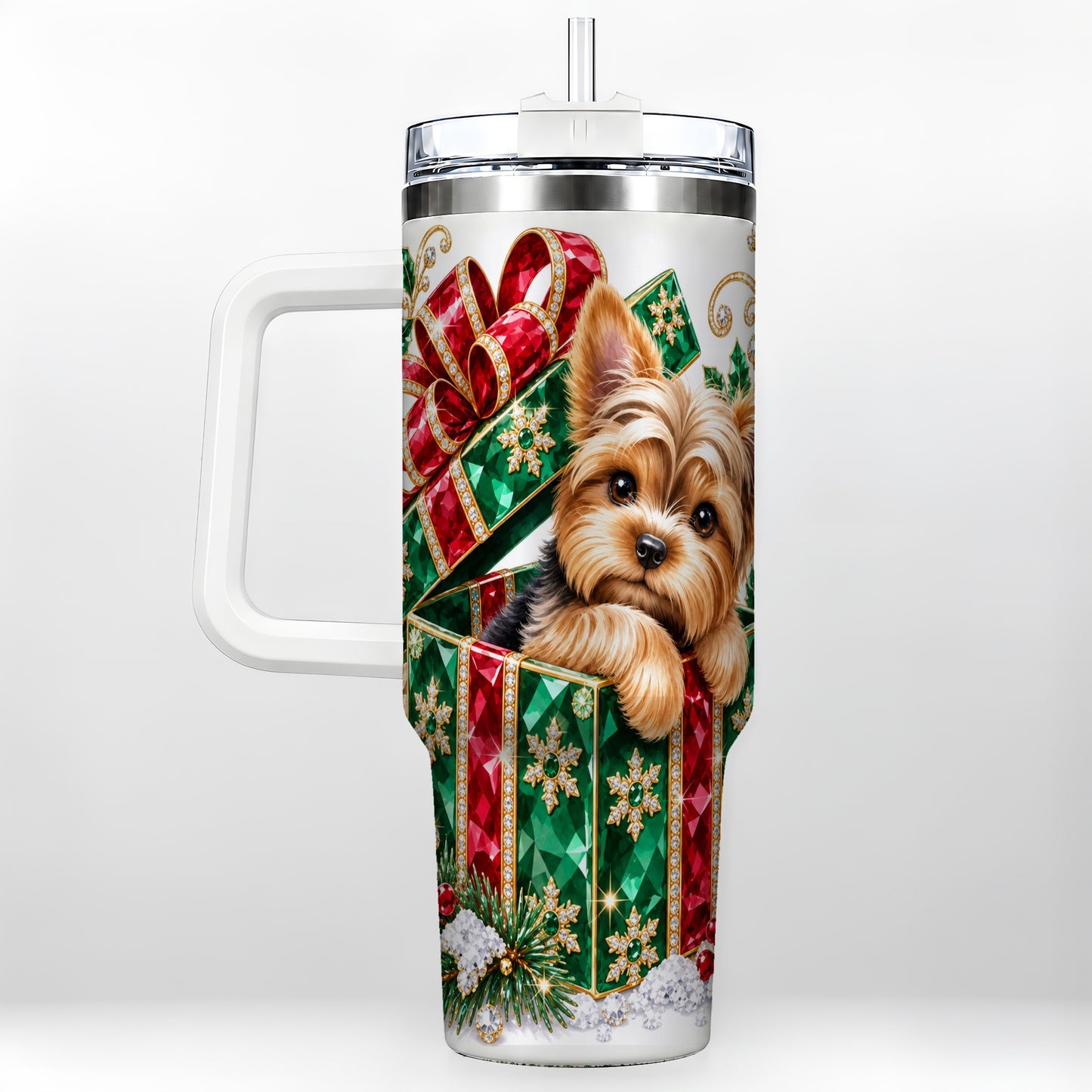 Gemstone Style Terrier 40oz Tumbler with Handle, Christmas Dog Travel Cup