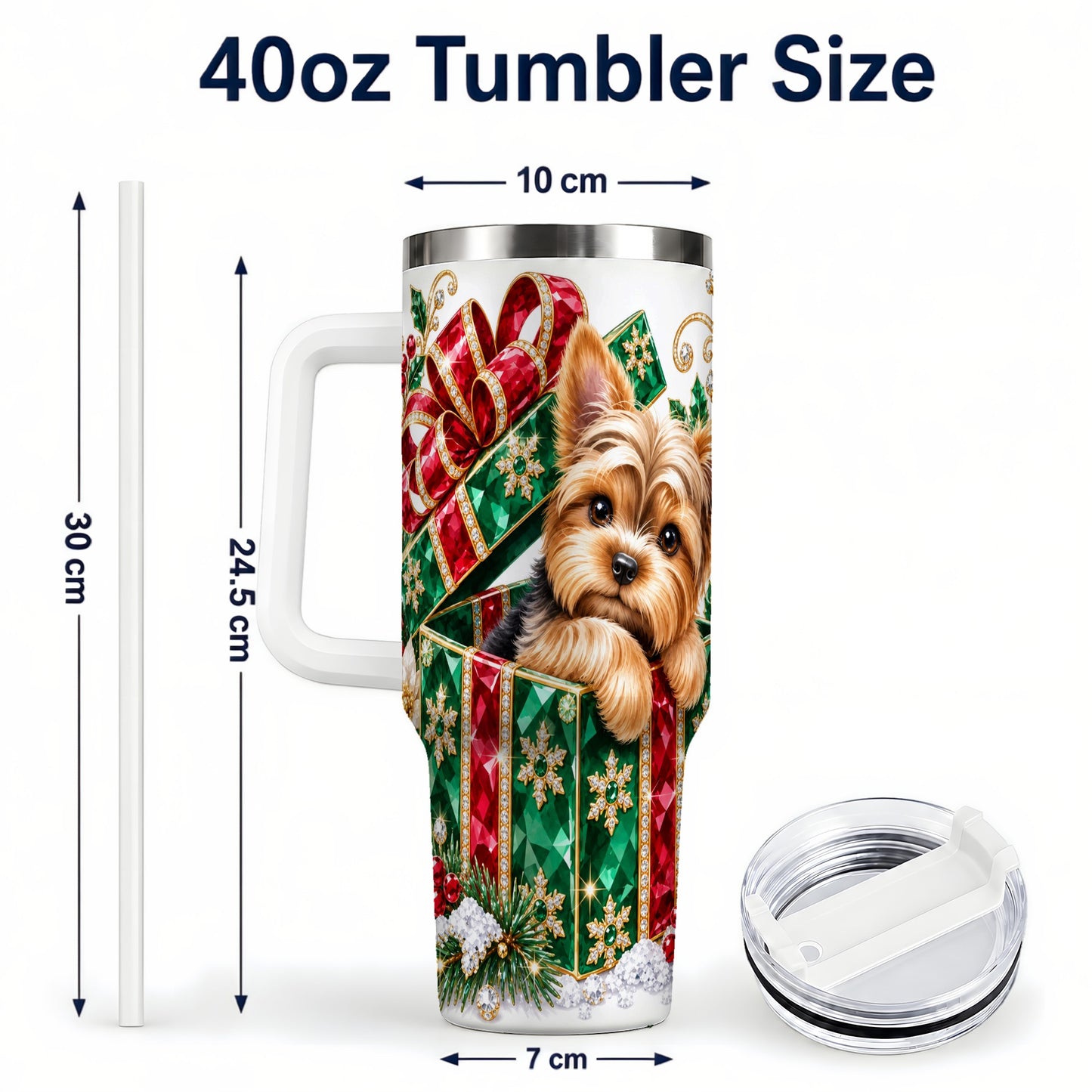 #pl[40oz|White] Gemstone Style Terrier 40oz Tumbler with Handle, Christmas Dog Travel Cup