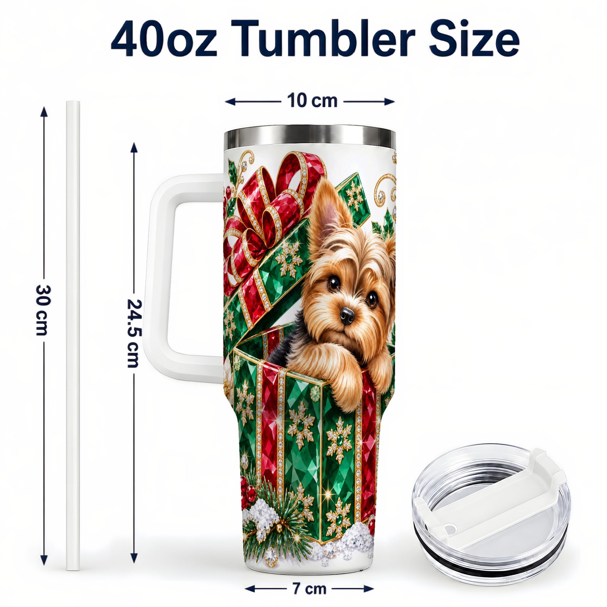 #pl[40oz|White] Gemstone Style Terrier 40oz Tumbler with Handle, Christmas Dog Travel Cup