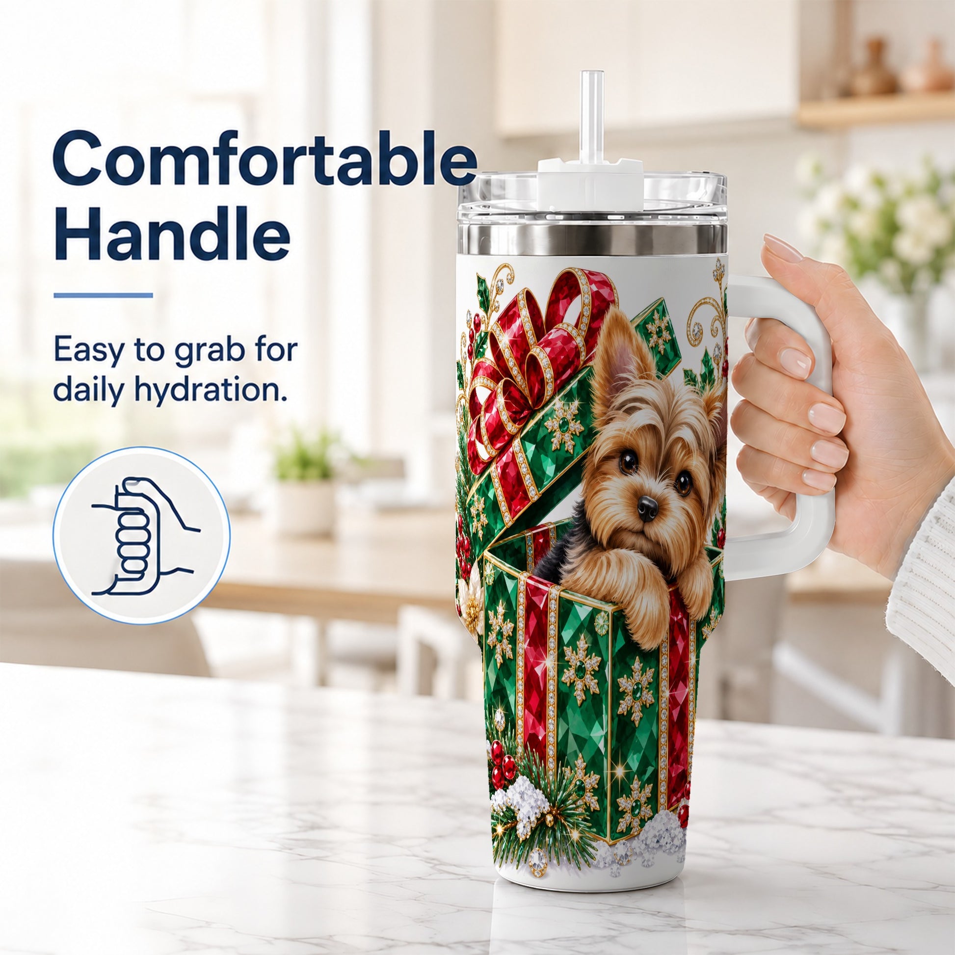 #pl[40oz|White] Gemstone Style Terrier 40oz Tumbler with Handle, Christmas Dog Travel Cup