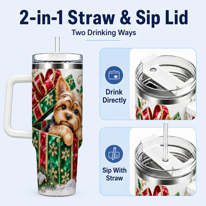 #pl[40oz|White] Gemstone Style Terrier 40oz Tumbler with Handle, Christmas Dog Travel Cup