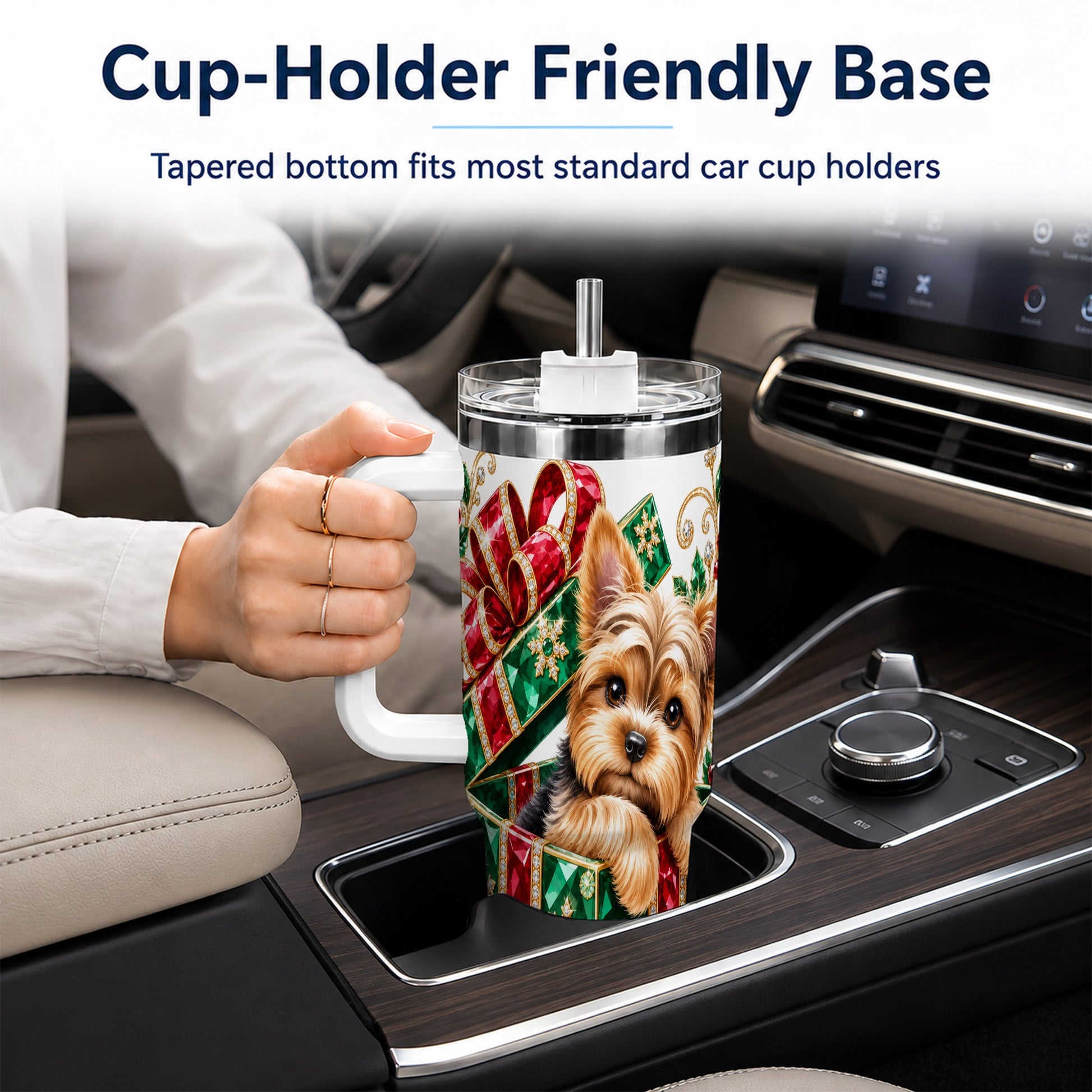 #pl[40oz|White] Gemstone Style Terrier 40oz Tumbler with Handle, Christmas Dog Travel Cup