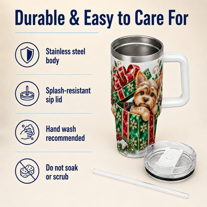 #pl[40oz|White] Gemstone Style Terrier 40oz Tumbler with Handle, Christmas Dog Travel Cup
