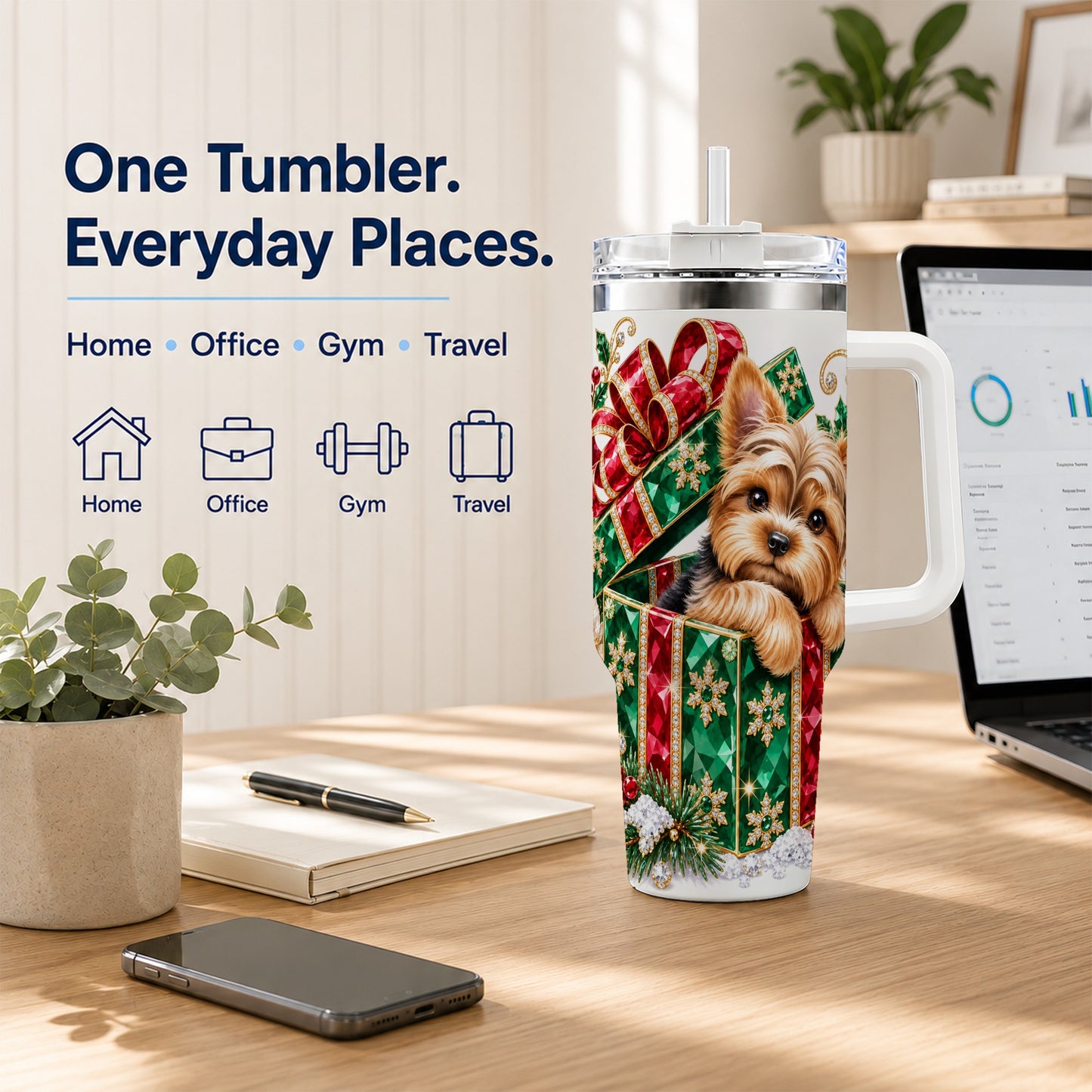 #pl[40oz|White] Gemstone Style Terrier 40oz Tumbler with Handle, Christmas Dog Travel Cup