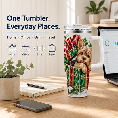 #pl[40oz|White] Gemstone Style Terrier 40oz Tumbler with Handle, Christmas Dog Travel Cup