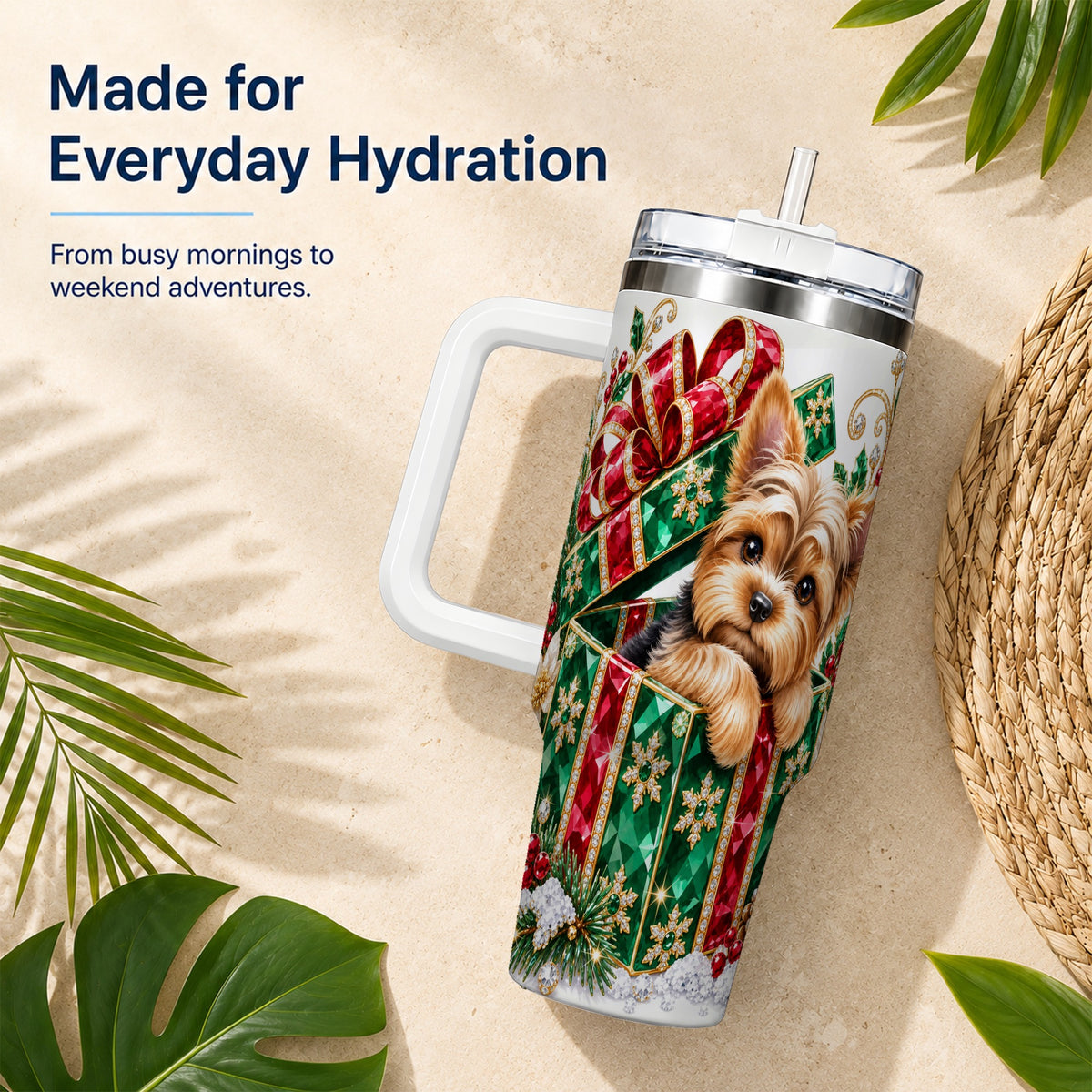 #pl[40oz|White] Gemstone Style Terrier 40oz Tumbler with Handle, Christmas Dog Travel Cup